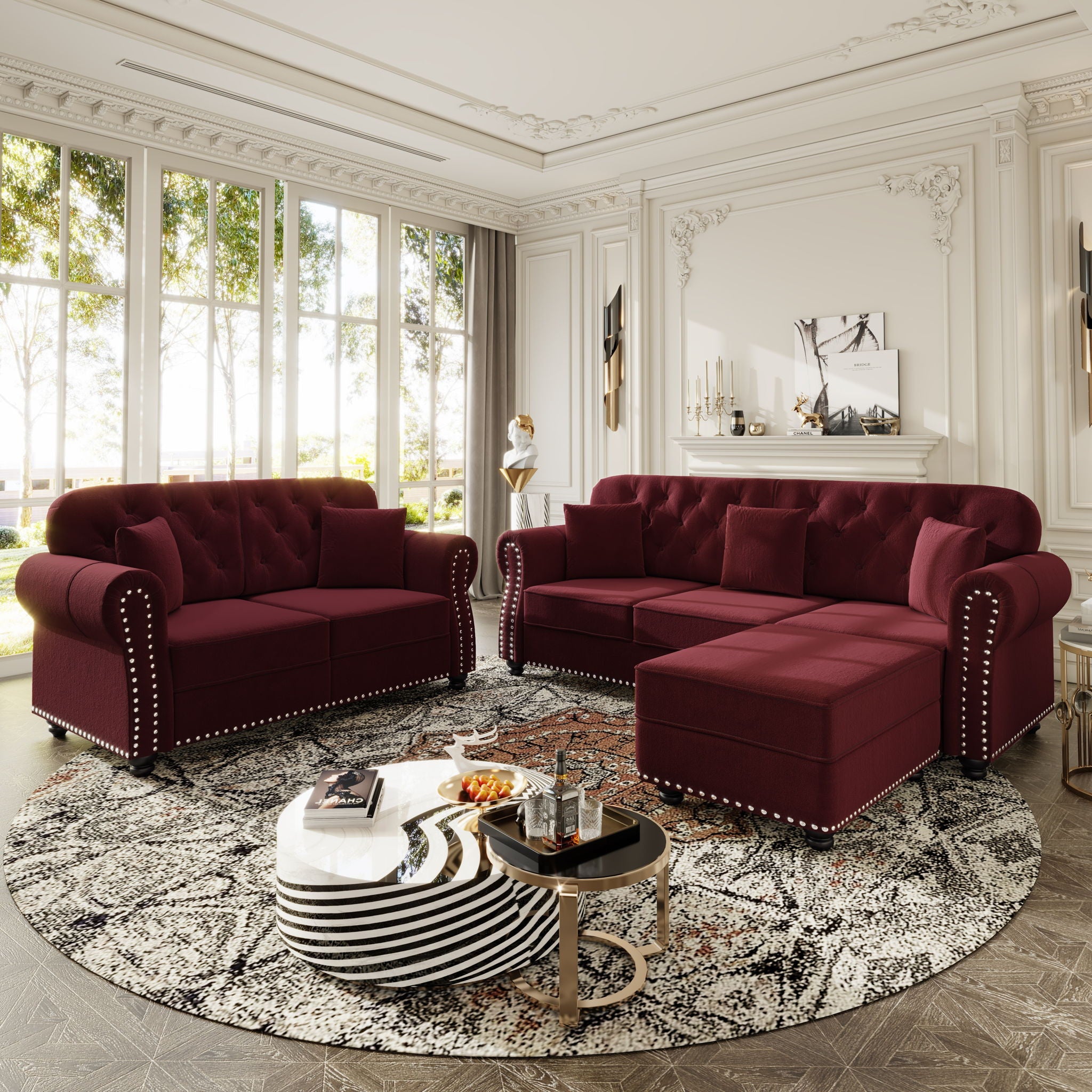 Upholstered Sofa Set With Nailhead Trim And Rolled Armrests, Includes Pillows