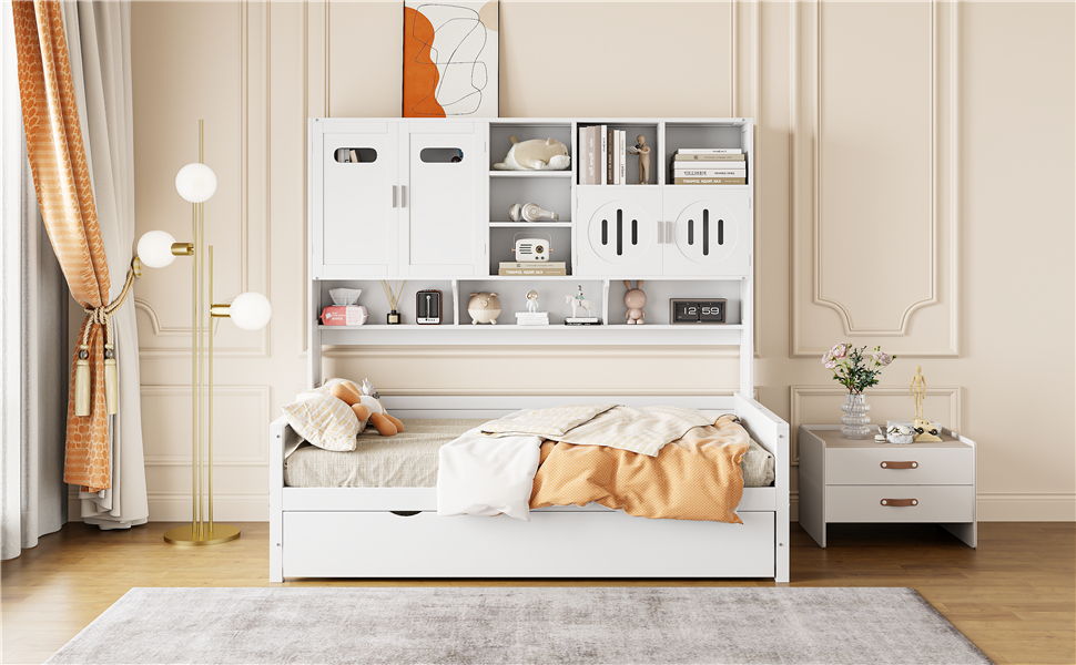 Daybed With All-In-One Cabinet And Shelf
