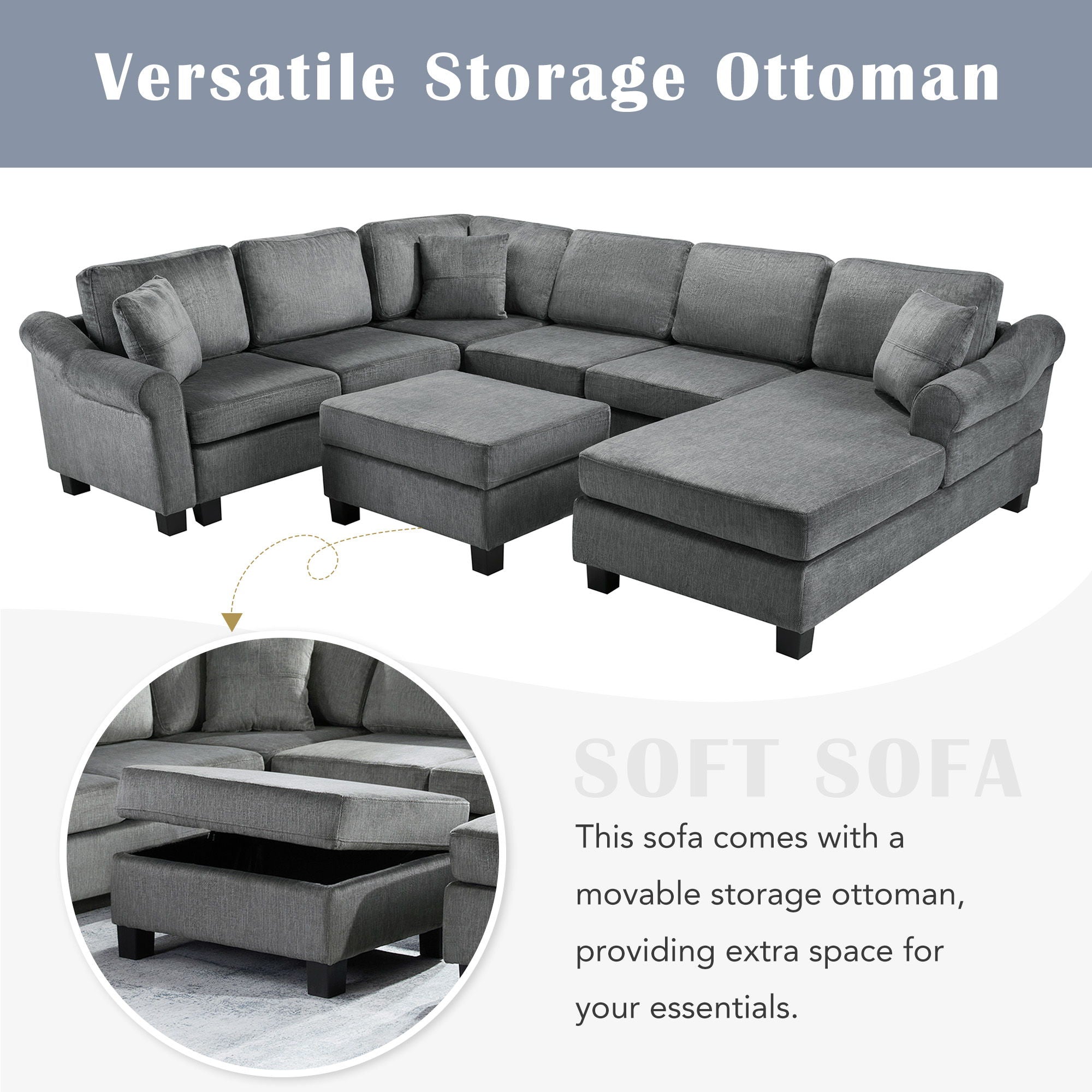 Contemporary U - Shaped Sectional Sofa With Movable Storage Ottoman