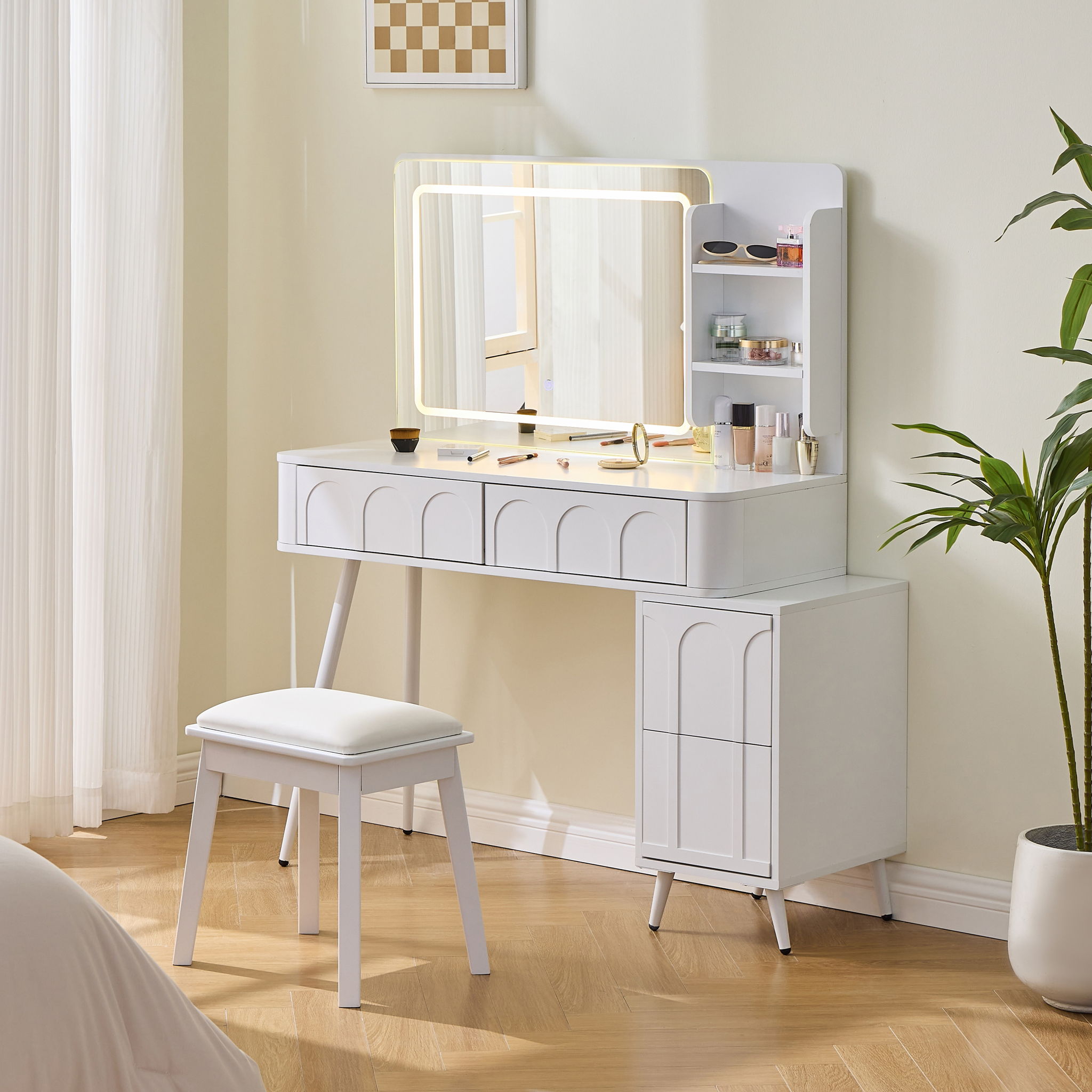 Modern Makeup Vanity Desk With LED Lights & Mirror 4 Drawer Dressing Table Set Space Saving For Bedroom - White