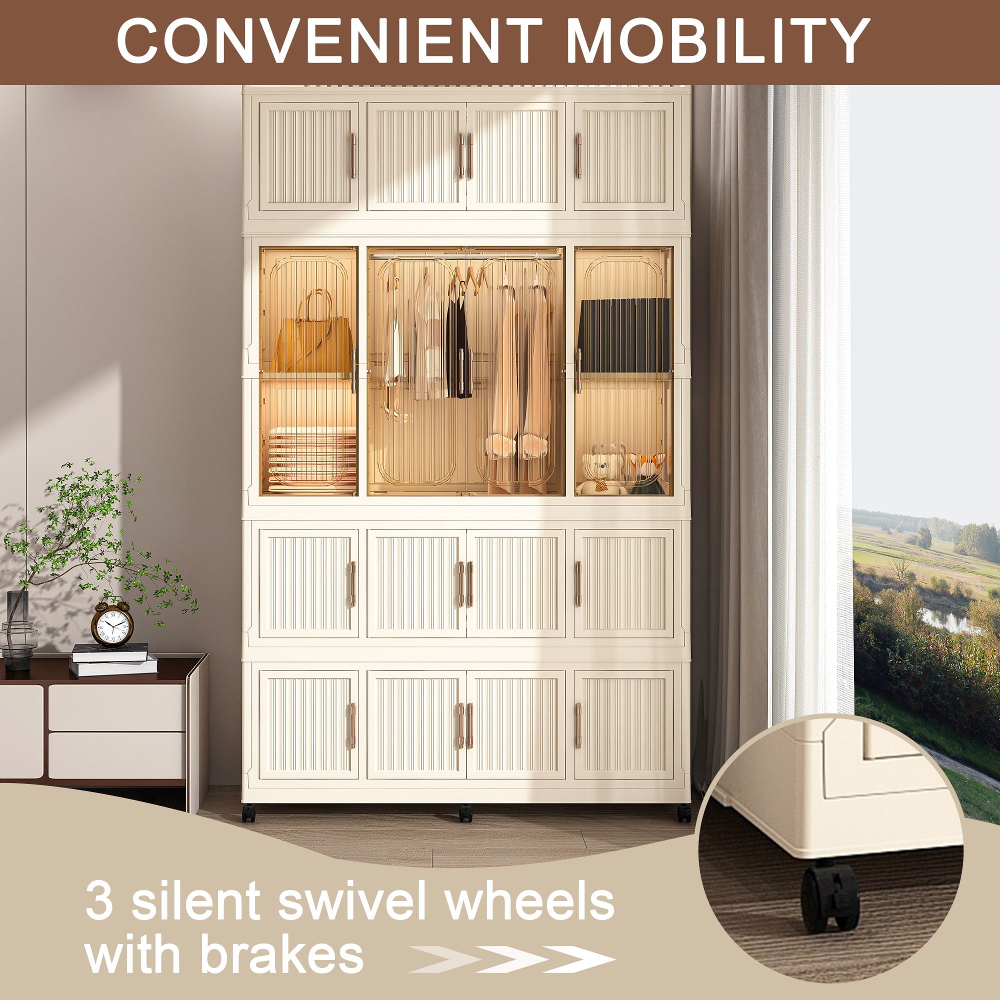 Portable Wardrobe Closet Storage Organizer With 17 Magnetic Doors, 17 Cubes, Hanging Rod & 6 Hangers - Creamy White