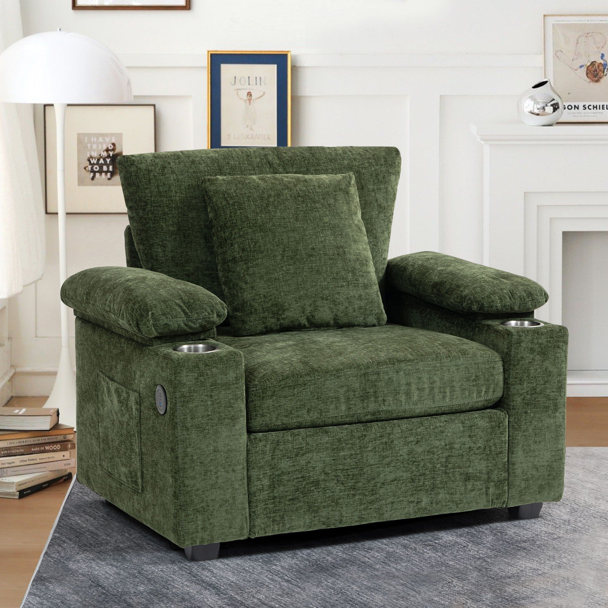 Fabric Sofa Bed With Cupholders And USB Charging Ports Chair For Living Room
