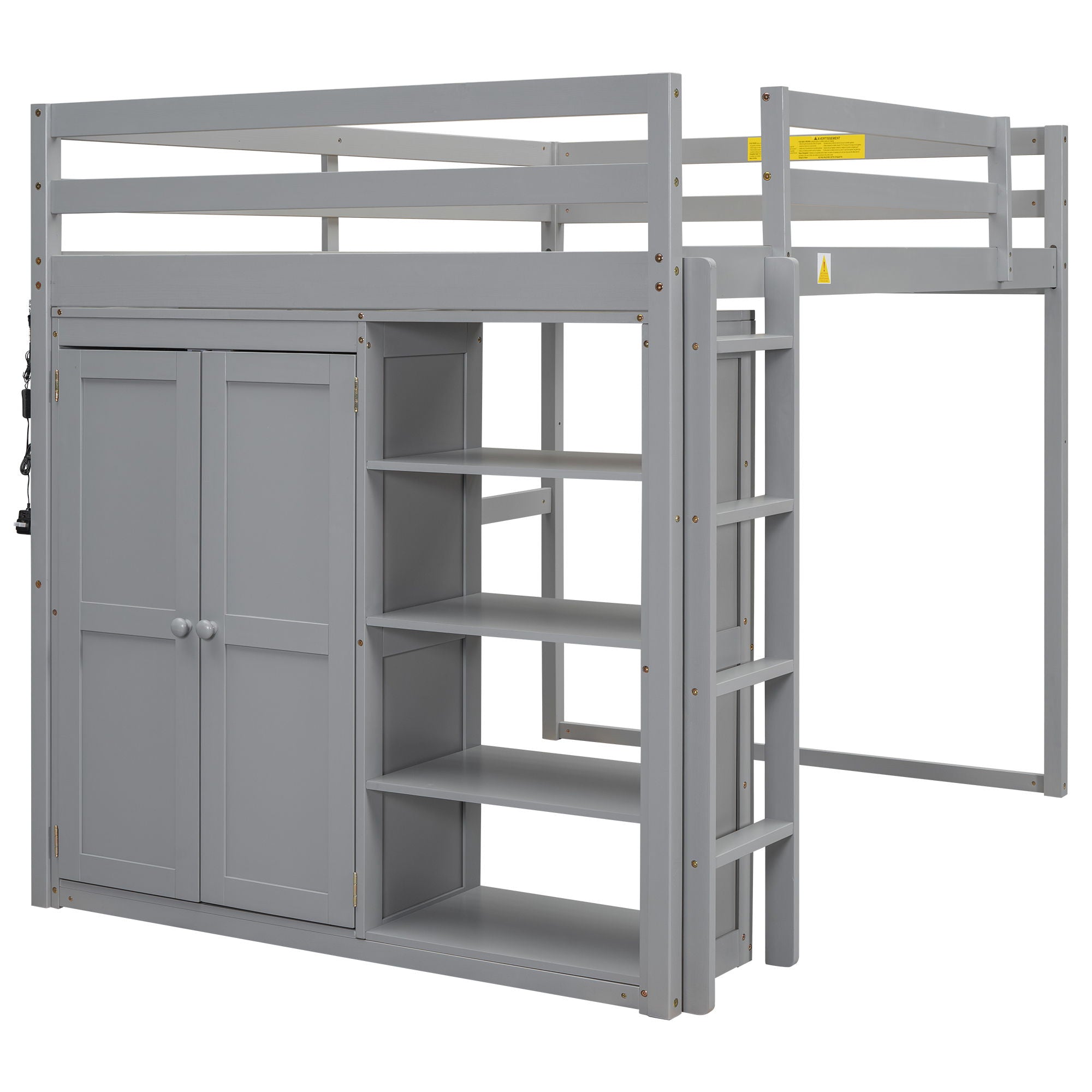 Loft Bed With Built In Wardrobe, Storage Shelves, And LED Light