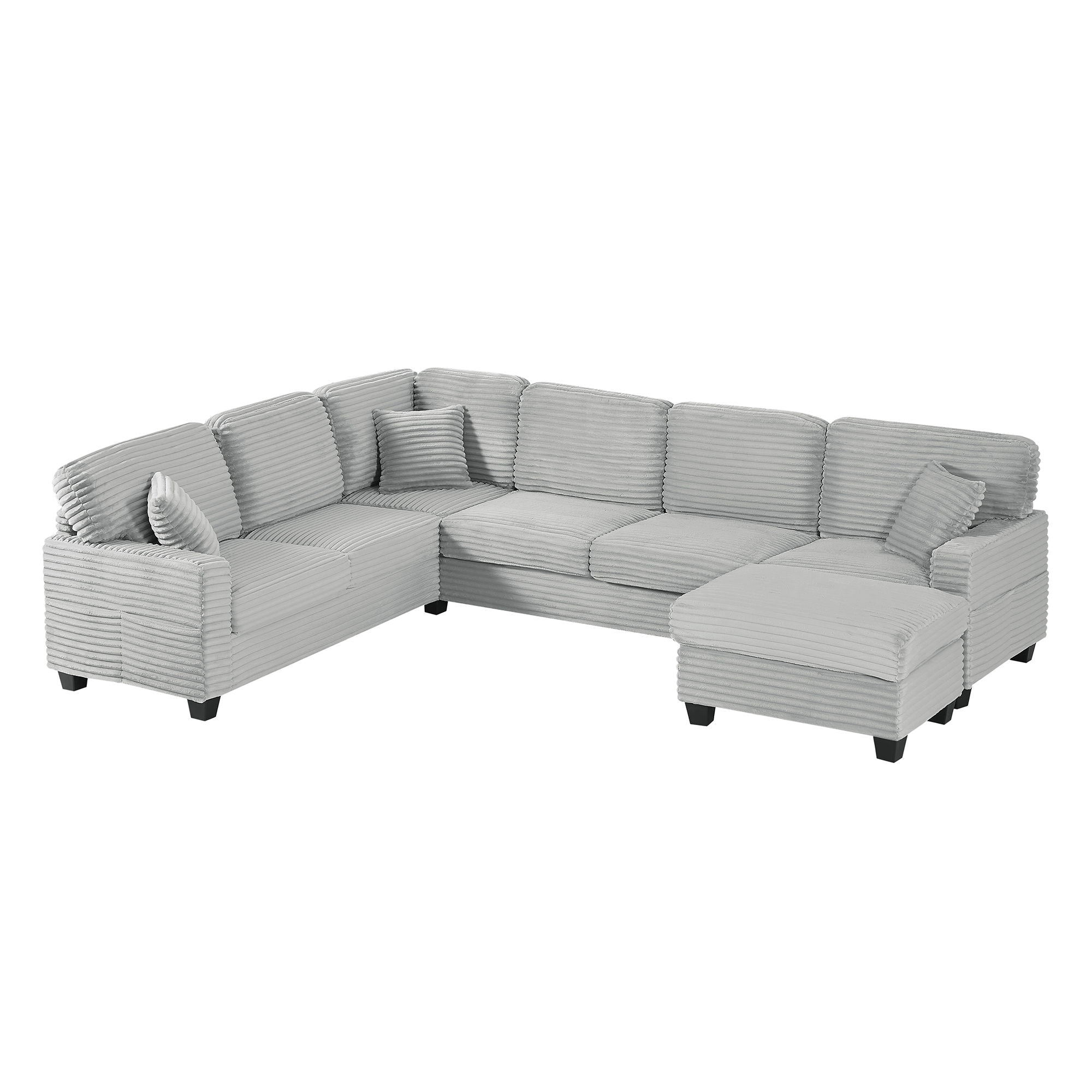 Upholstered U-Shaped Sectional Sofa With Movable Ottoman And Side Storage Pockets