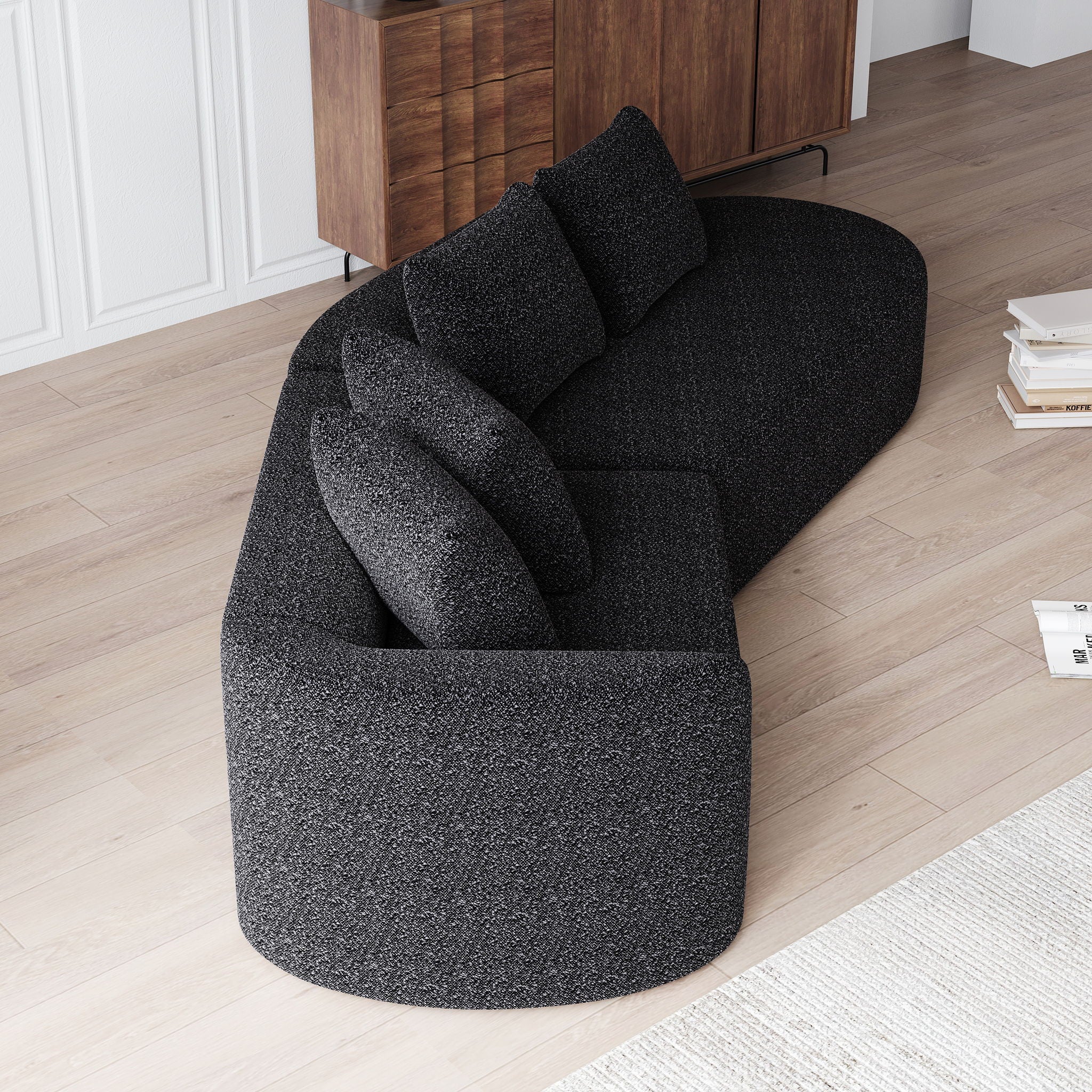 Upholstered Oversized Sectional Sofa, 4 Seater Extra Deep & Wide Curved Cloud Couch With 4 Throw Pillows For Living Room - Black
