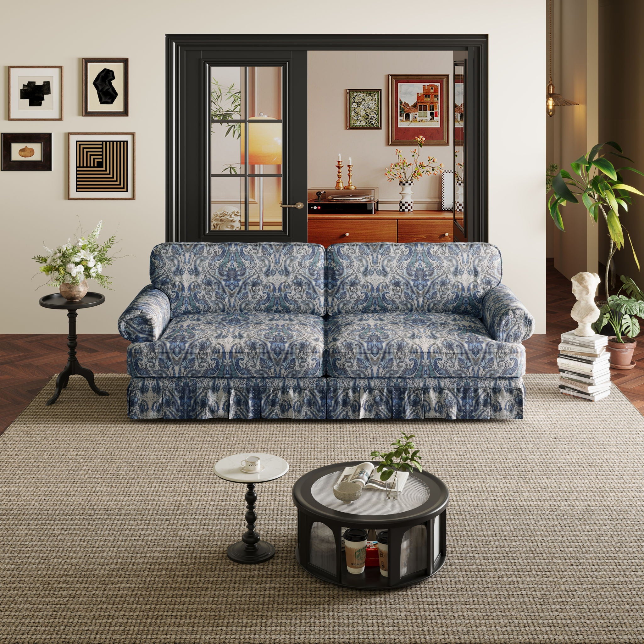 Luxuriously Comfortable Cloud Couch With Elegant Rolled Arms & Pleated Skirt Design