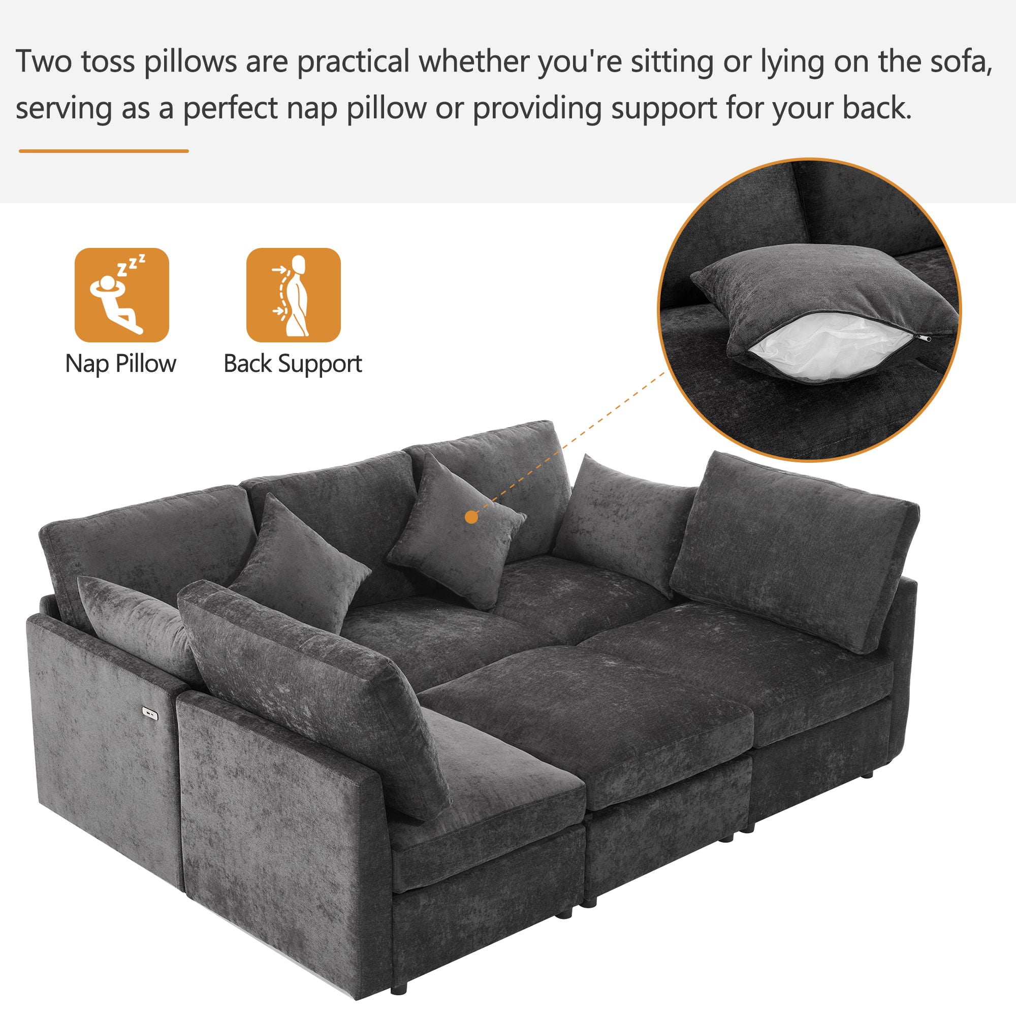 Sectional Sofa Modular U-Shaped With Ottoman & USB Ports