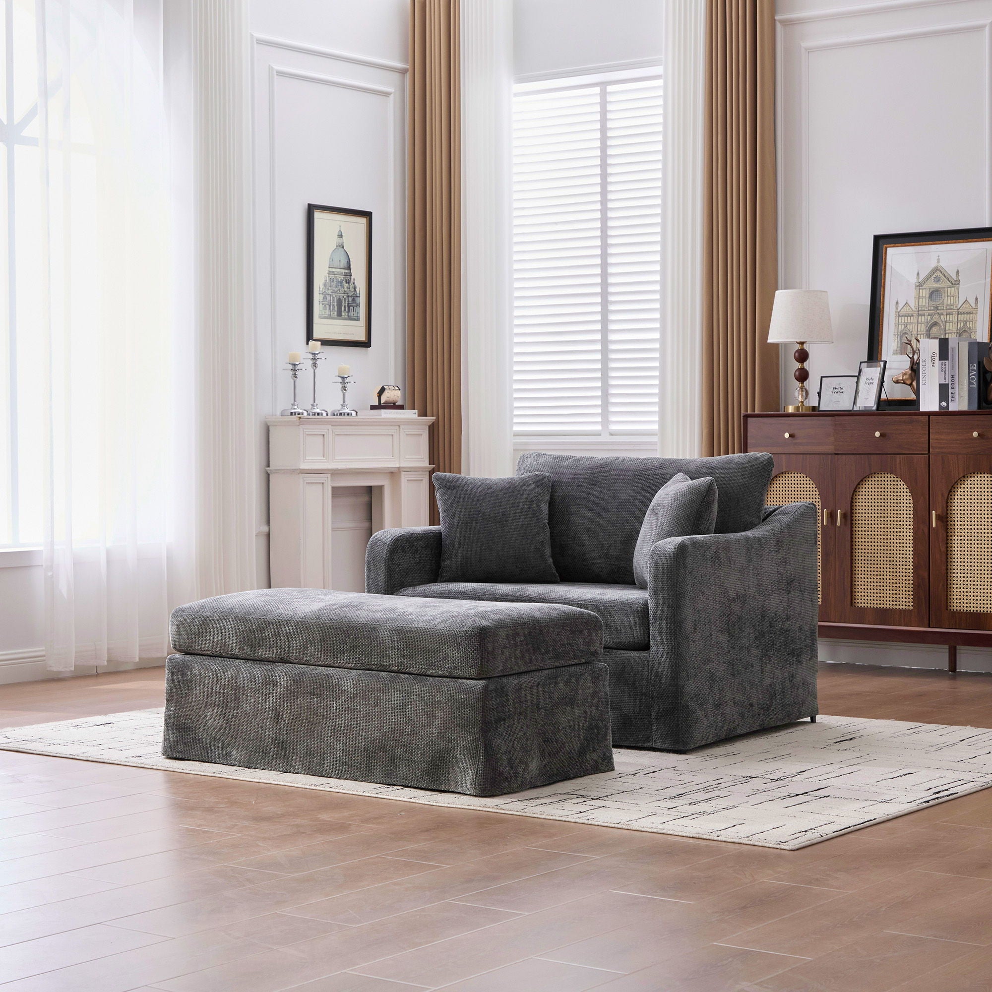 Accent Chair With Ottoman, Includes 2 Bolster Pillows