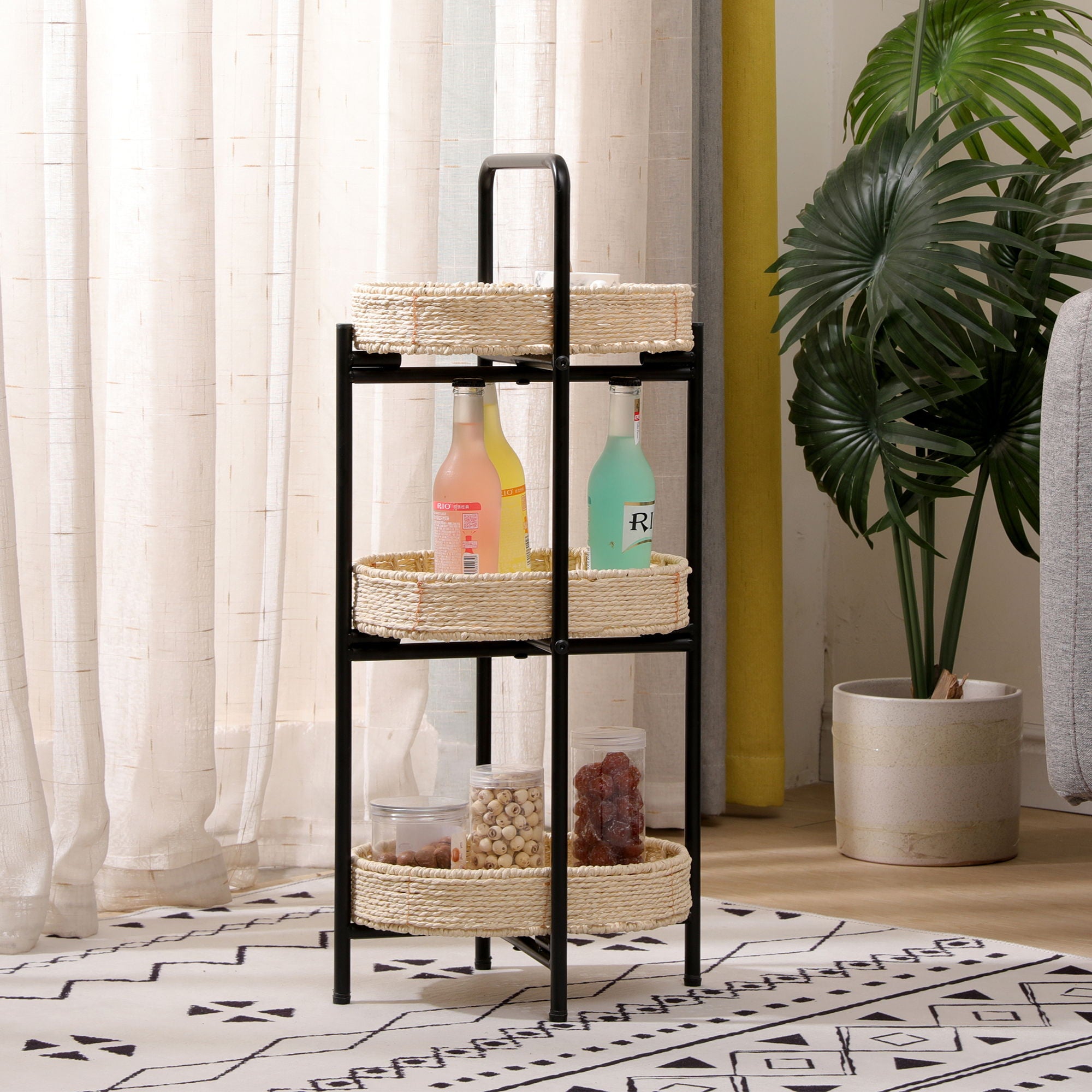 Modern 3 Tier Handwoven Side Table With Oval Organizer
