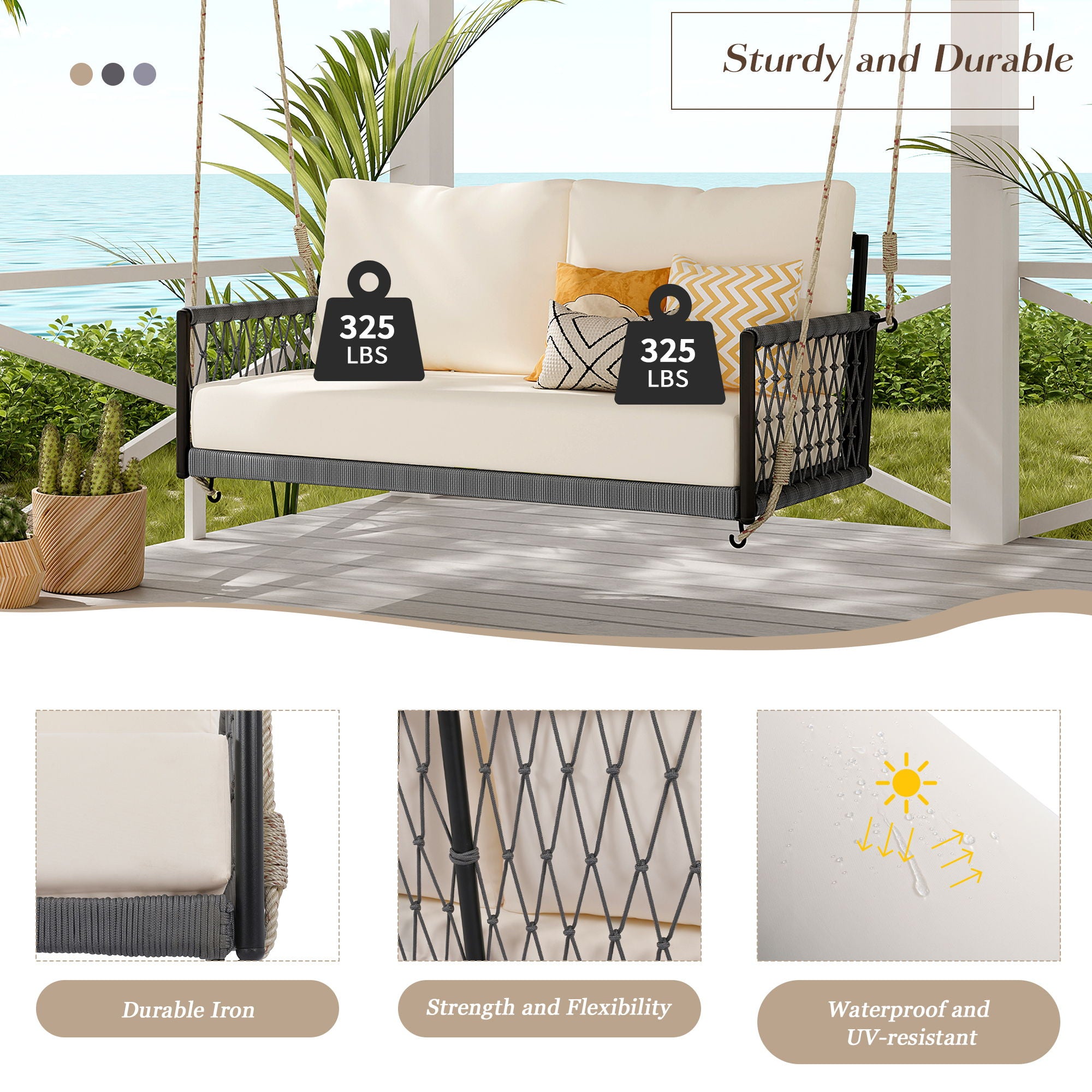 Outdoor Swing Sofa With Soft Cushions For Patio - Beige