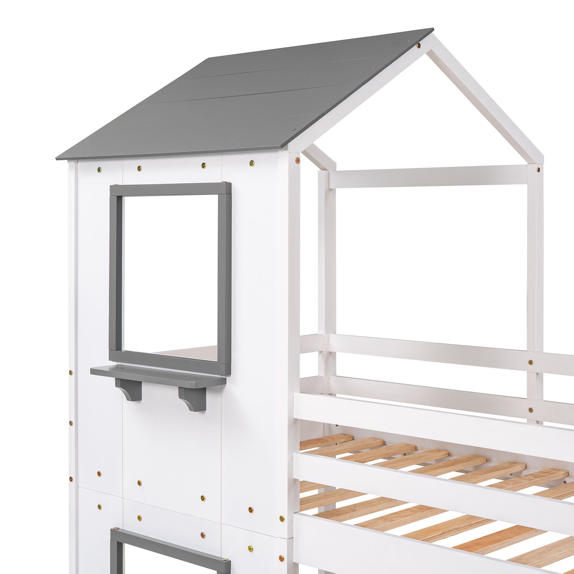 Bunk Bed Wood Bed & Roof, Window, Guardrail, Ladder