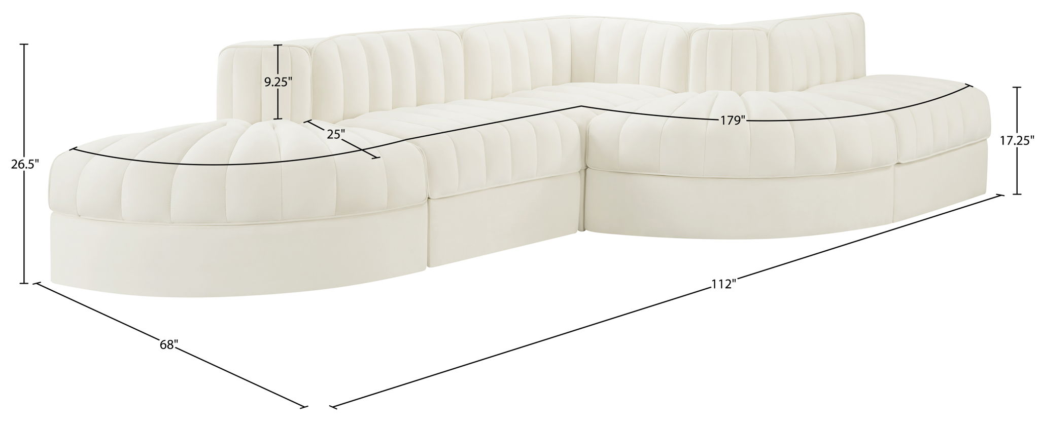 Rummi - Rounded Velvet Performance Fabric Upholstered 5 Piece Modular Sectional