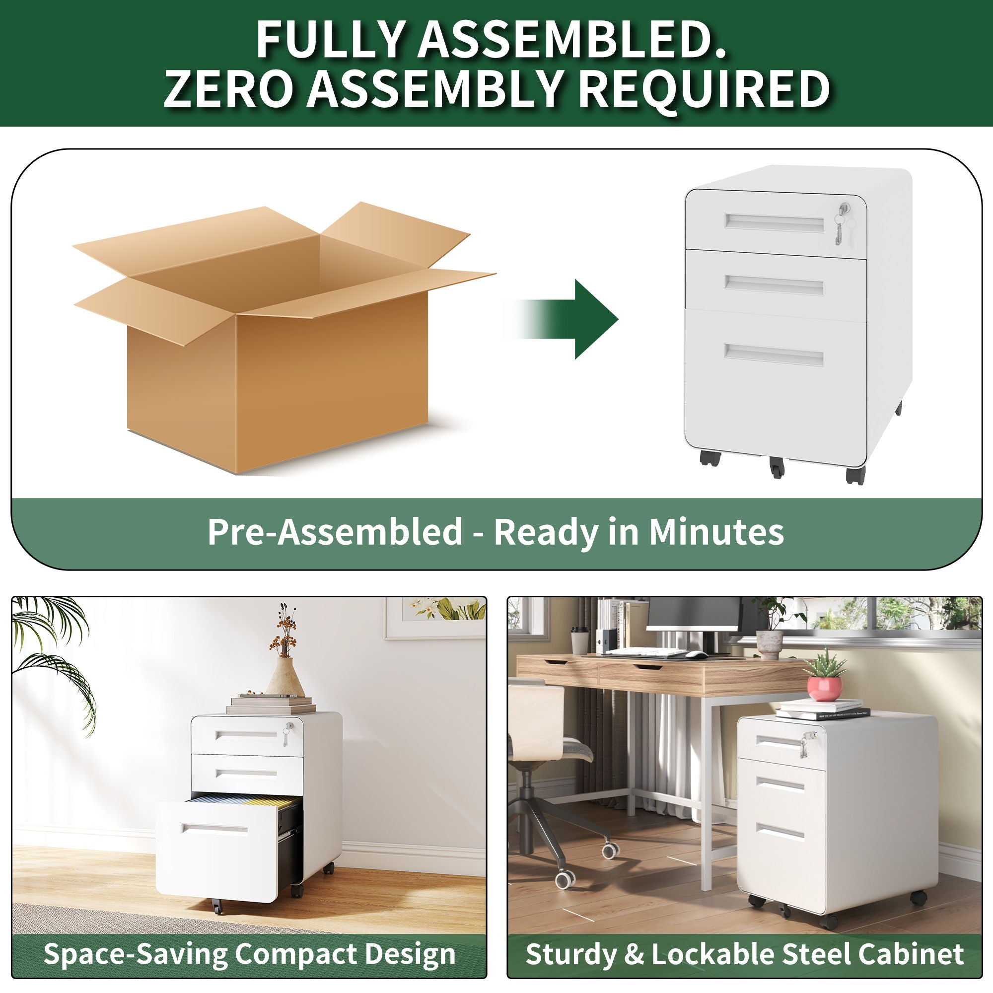 3-Drawer Mobile File Cabinet With Lock, On Casters, Holds A4/Letter Files