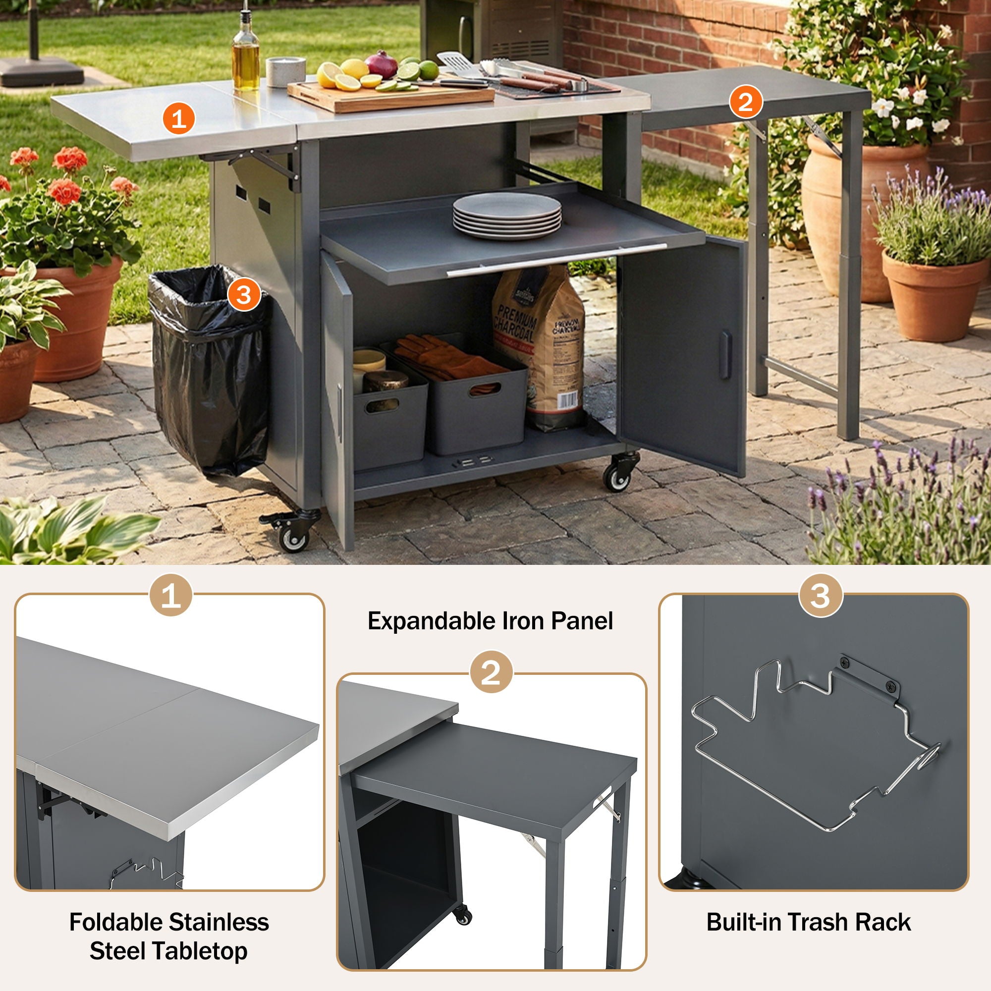 Foldable Outdoor Prep Station BBQ Cart With Trash Rack