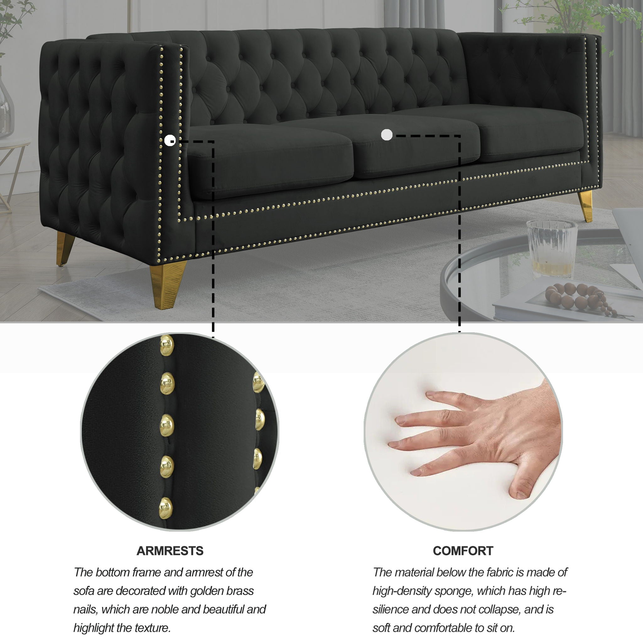 Modern Sofa With Button Tufting, Upholstered Couch For Living Room