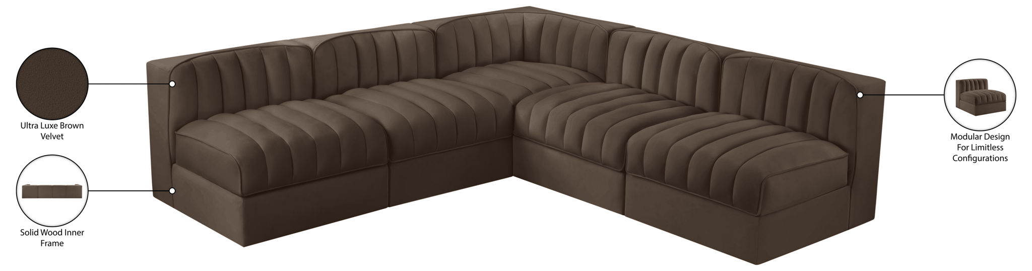Rummi - Armless Velvet Performance Fabric Upholstered 5 Piece Modular Sectional