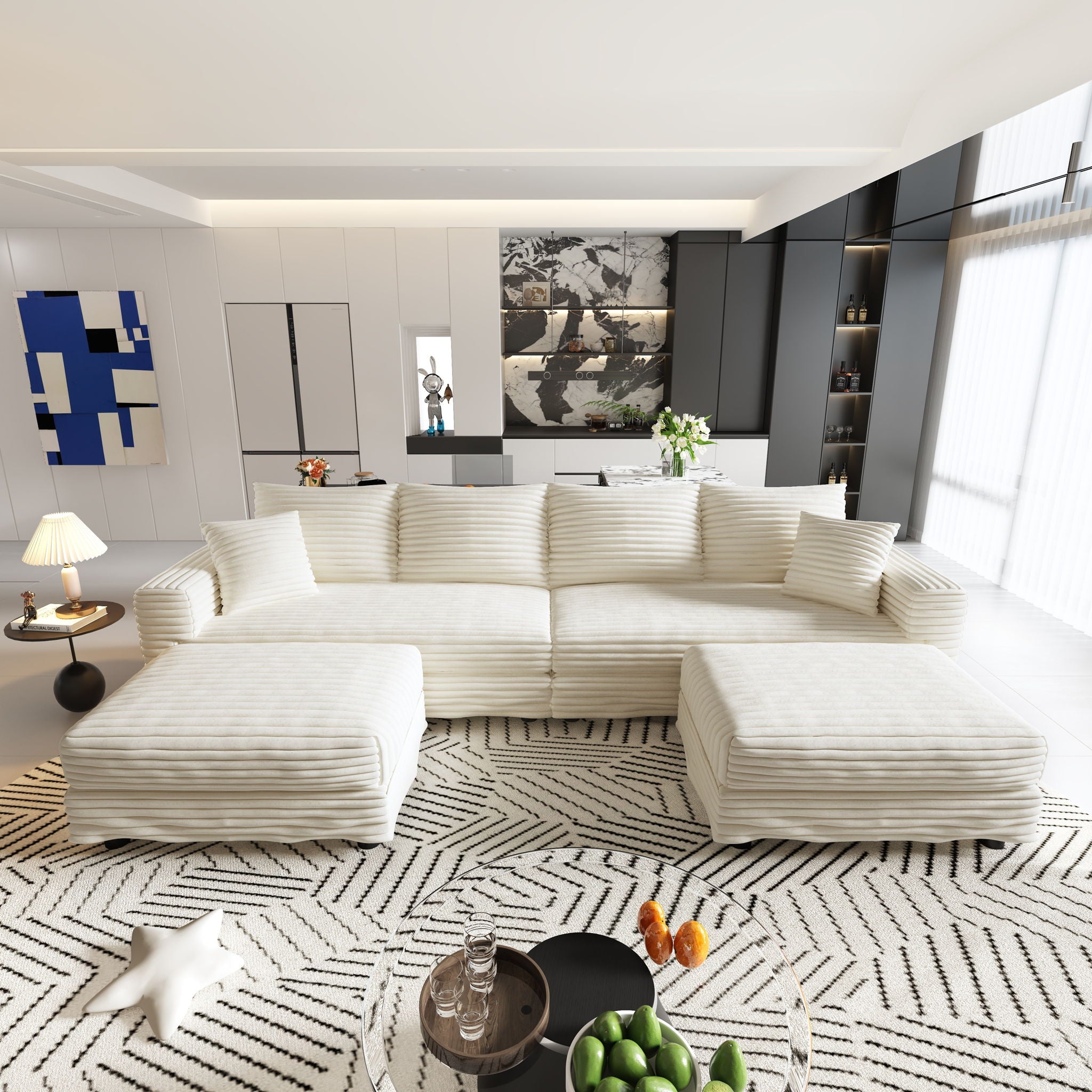 Deep Seat Convertible Sofa With Soft Pillows And Ottomans