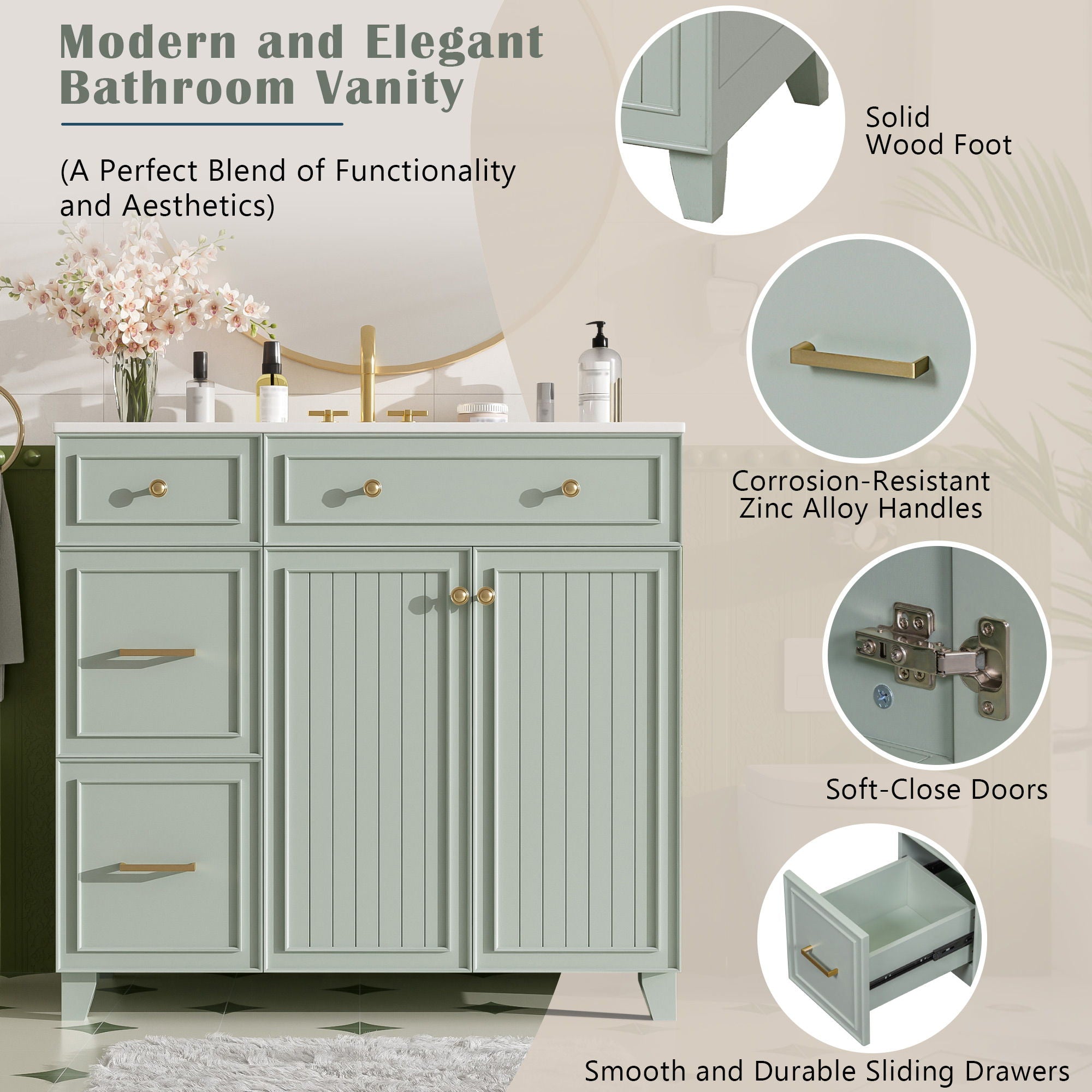 Bathroom Vanity With Sink, Soft Close Doors, Adjustable Shelves