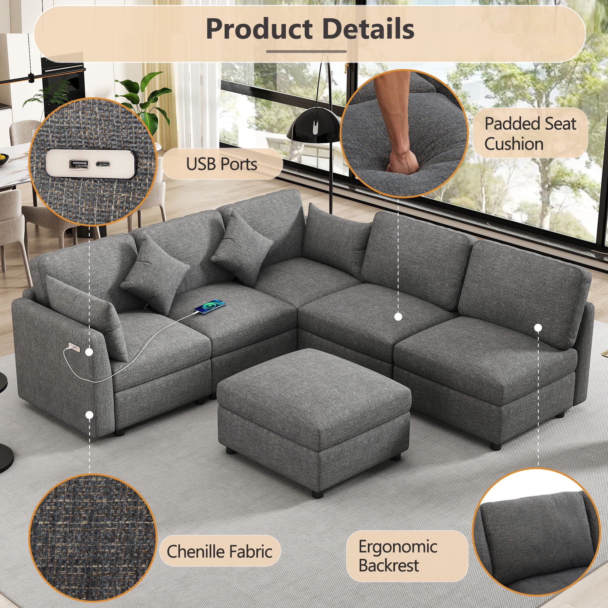 Sectional Sofa Modular U-Shaped With Ottoman & USB Ports