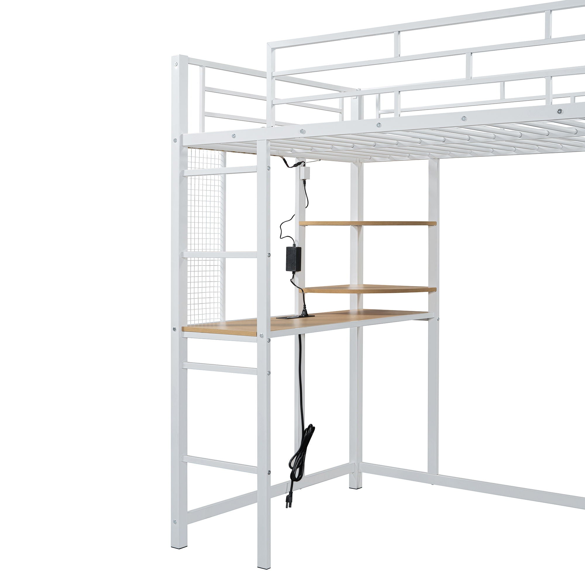 Loft Bed With Desk, Shelves, Power Outlet, LED Light And Wardrobe