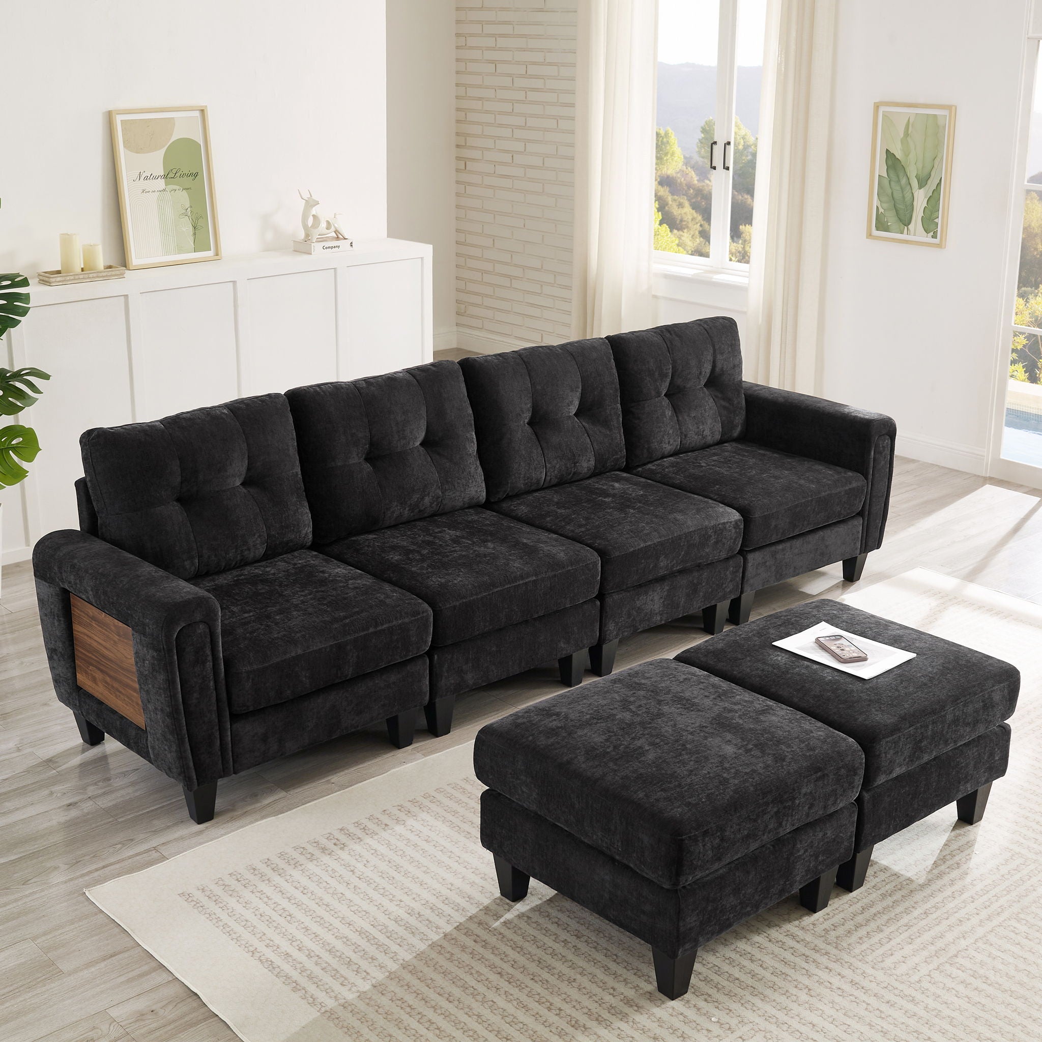 Modular Sectional Sofa With Movable Ottomans, USB Ports & Side Tables