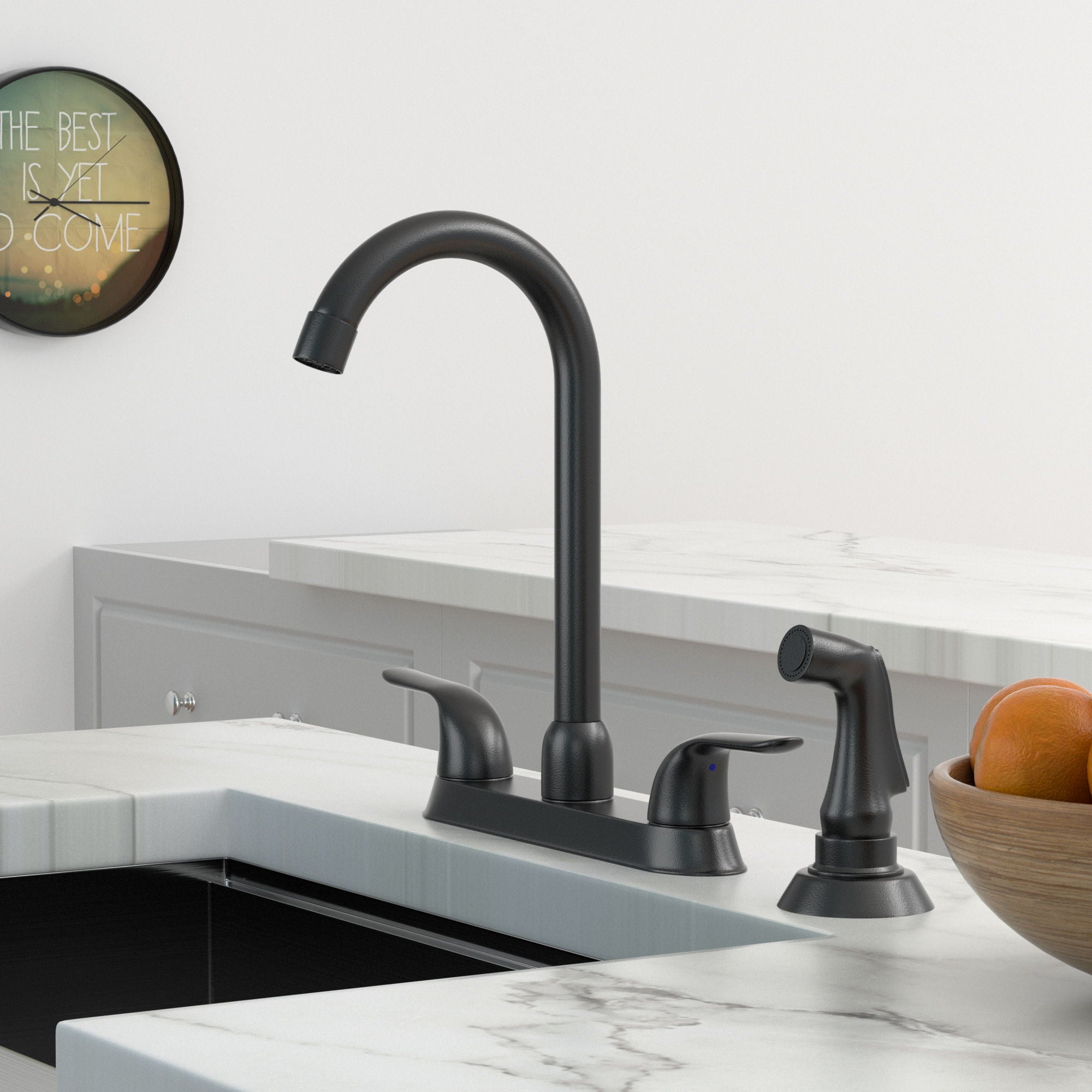 Kitchen Sink Faucet With 2 Handles And Pull Out Side Sprayer, 4 Hole Installation