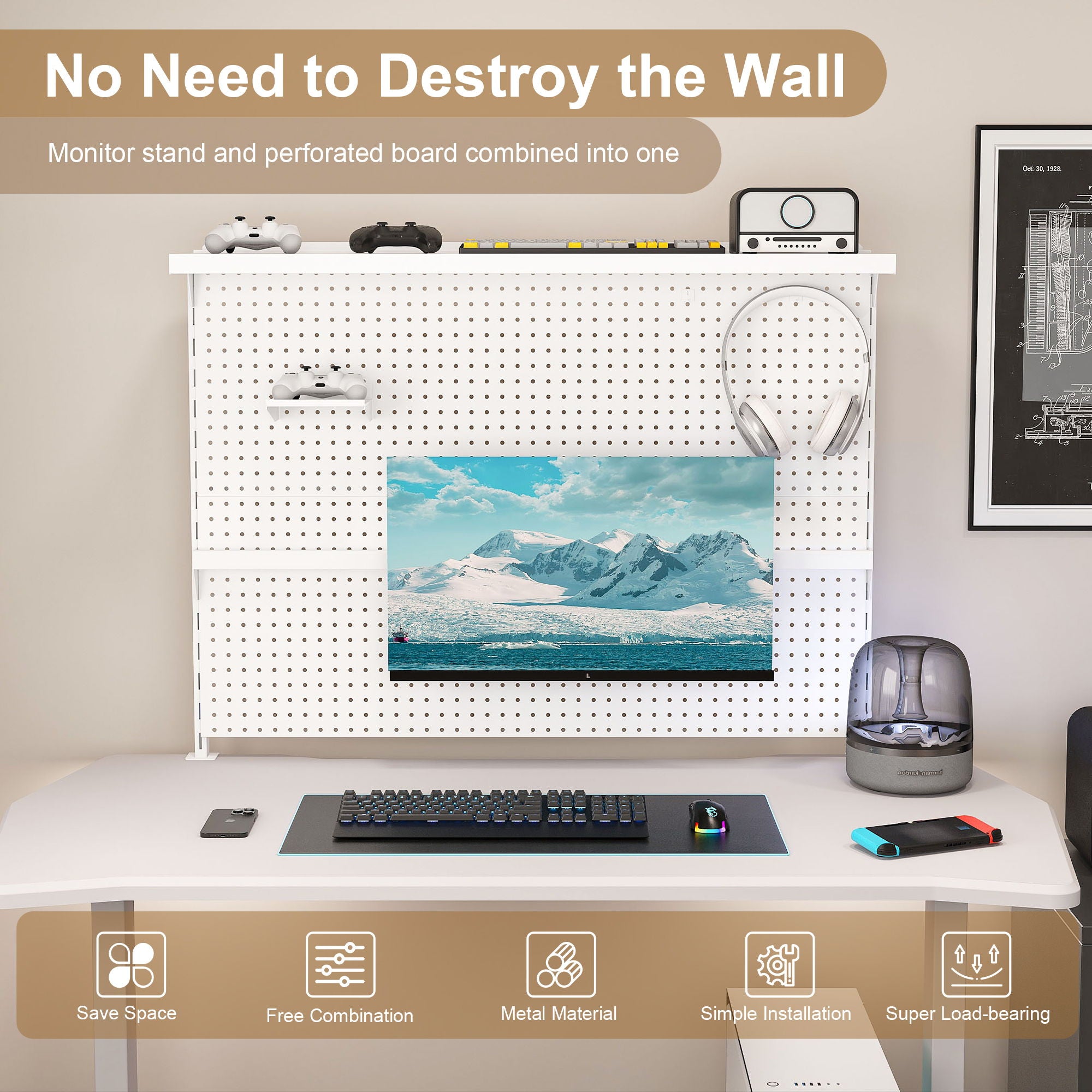Clamp On Desk Pegboard With Single Monitor Stand