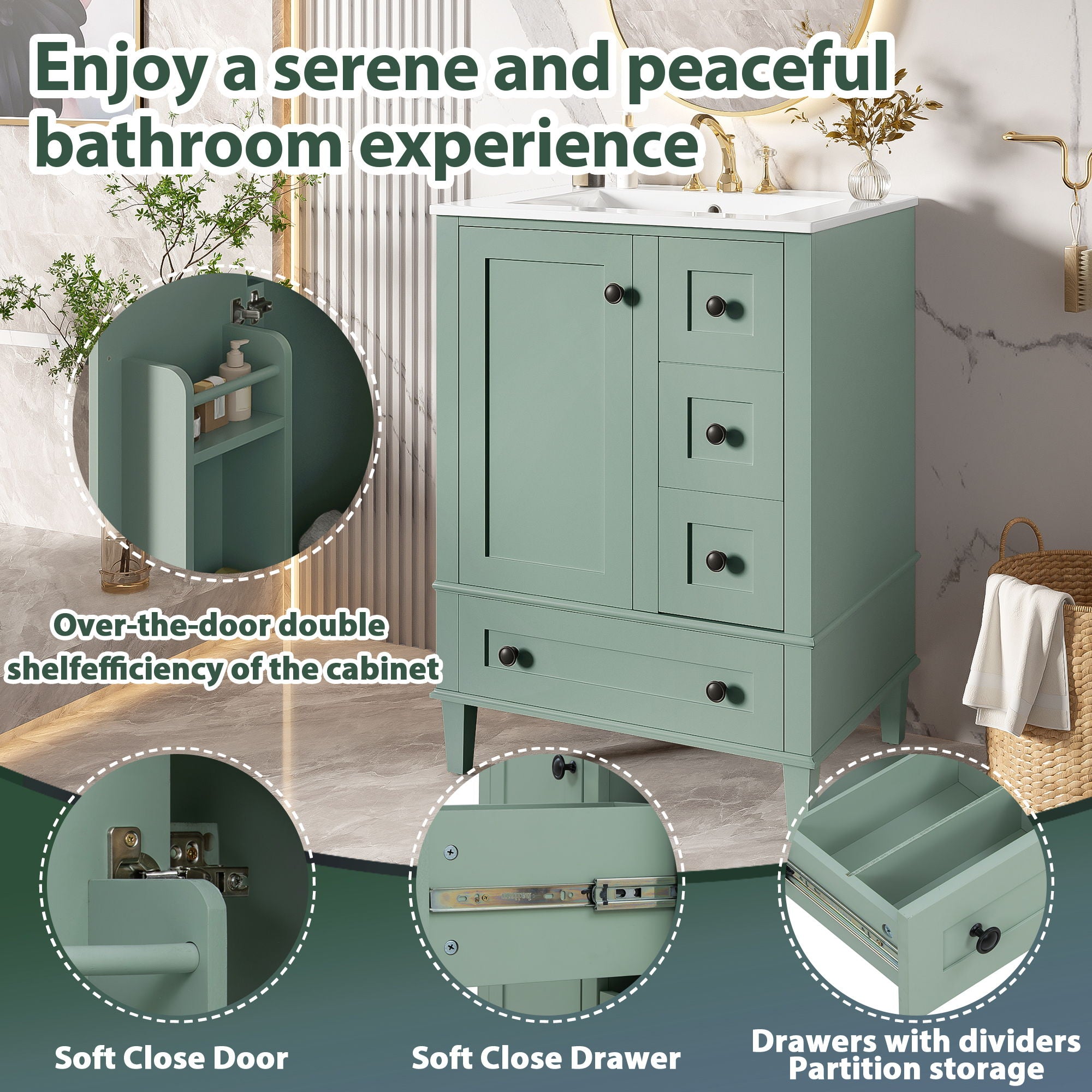 Bathroom Vanity With Integrated Basin, Soft Close Drawers, Door Mounted Double Layer Shelf