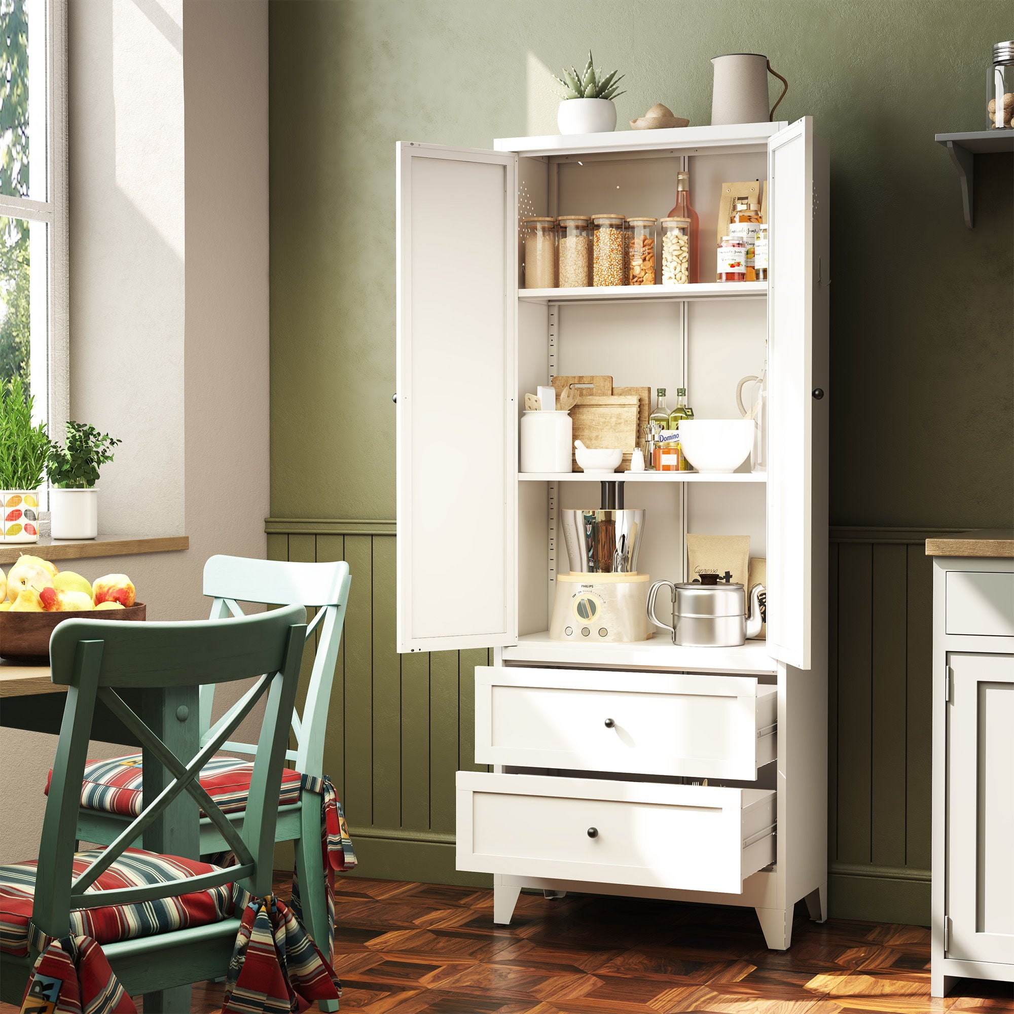 Pantry Cabinet With 2 Drawers, Freestanding Kitchen Storage Cabinet With Adjustable Shelves, Heavy-Duty Organizer For Spices, Dishware, Small Appliances - White