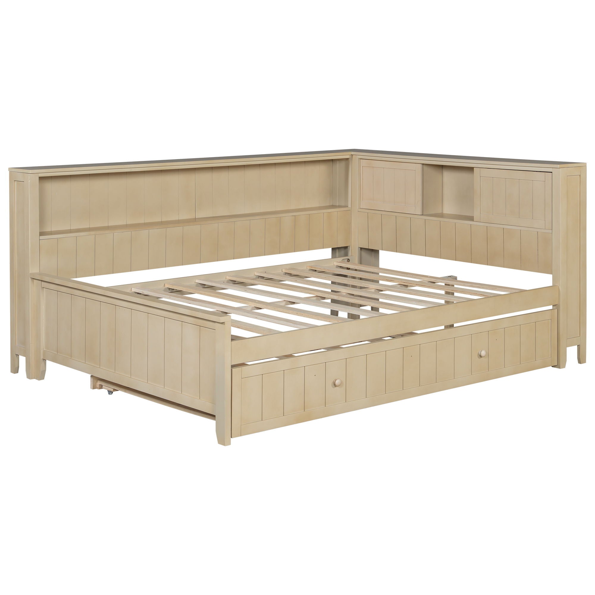 Full Size Daybed With Storage Shelves And Trundle - Ancient White