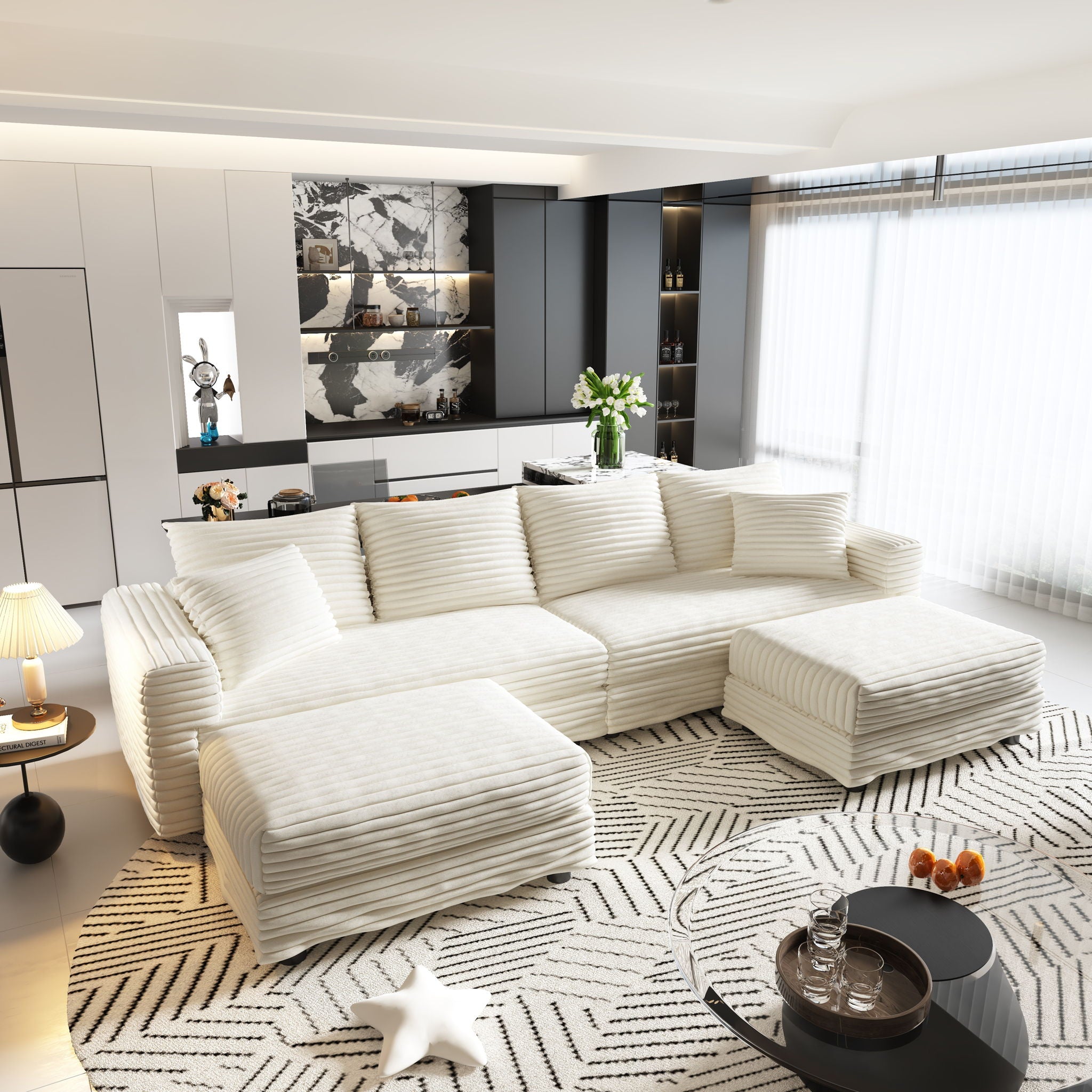 Deep Seat Convertible Sofa With Soft Pillows And Ottomans