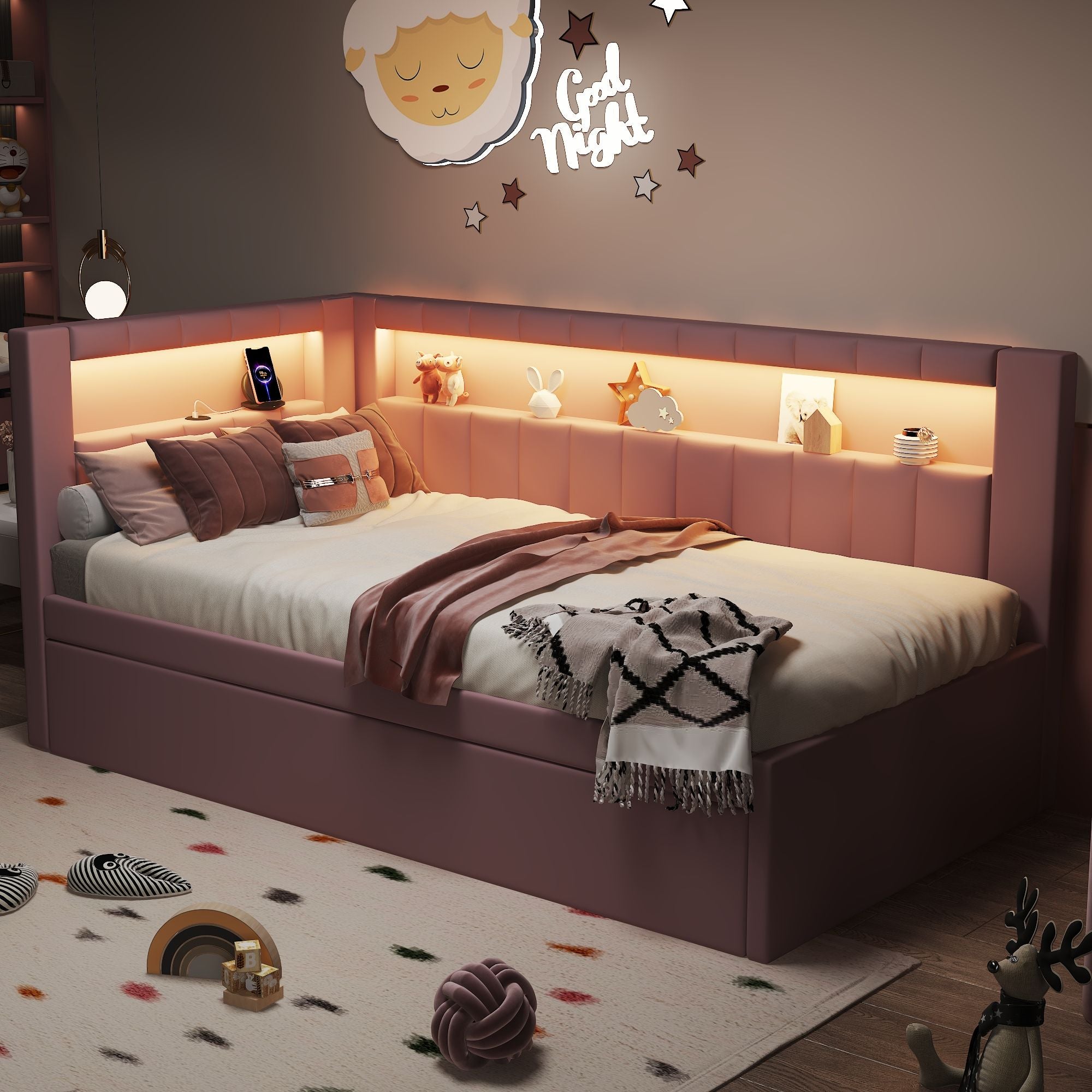 Upholstered Platform Bed With USB Ports And LED Belt