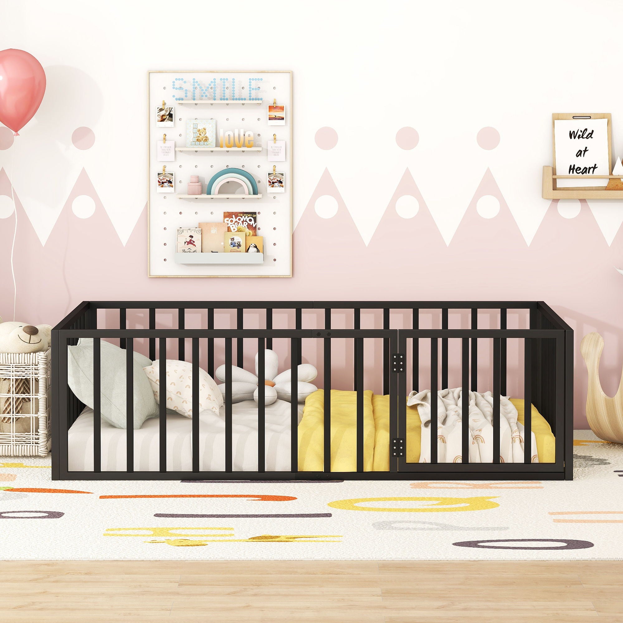 Metal Floor Bed Frame With Fence And Door