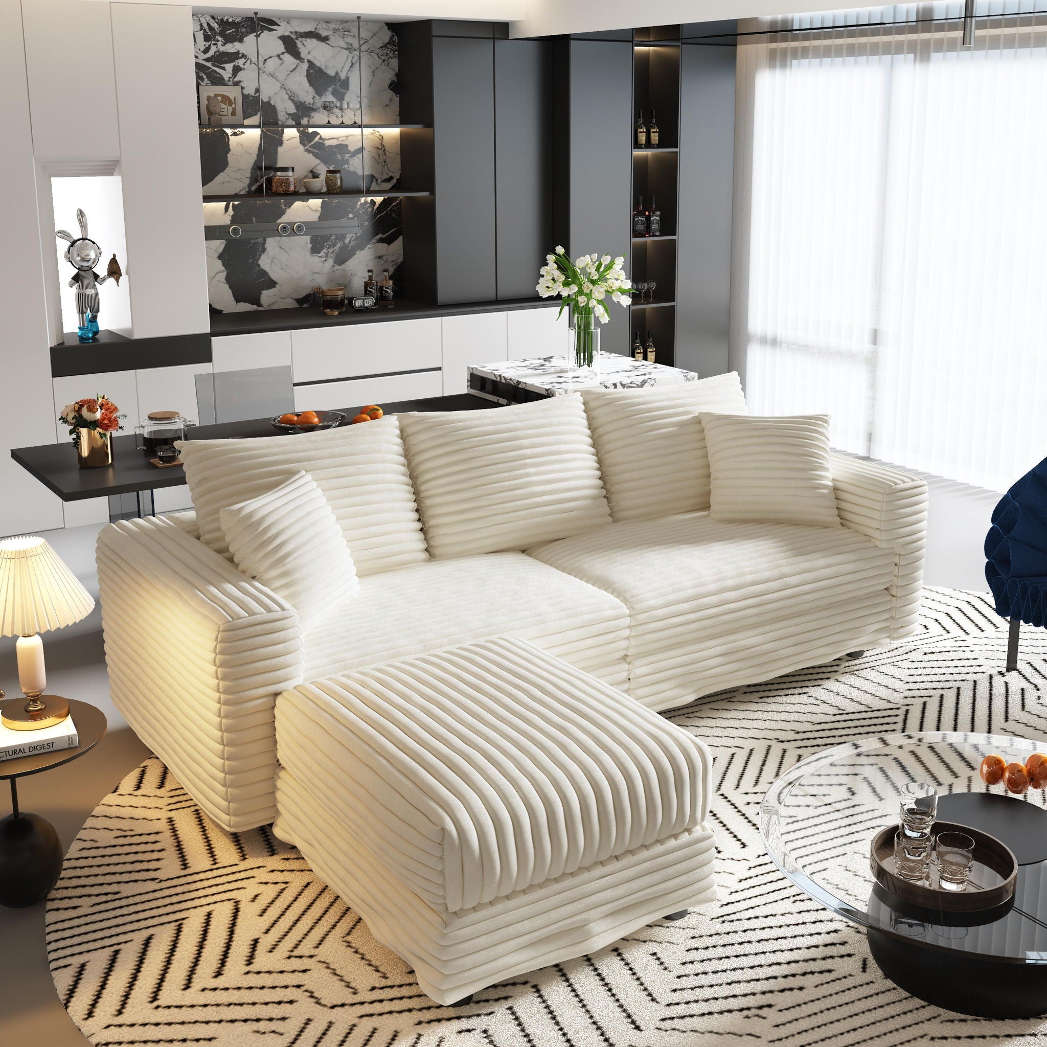 Deep Seat Convertible Sofa With Soft Pillows And Ottomans