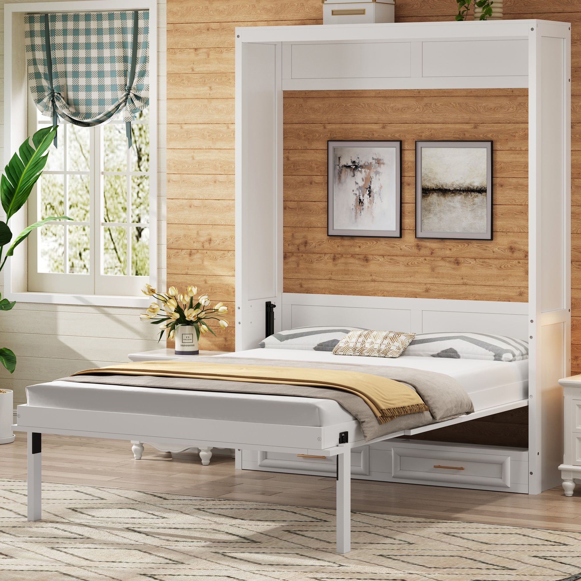 Full Size Murphy Bed With 2 Drawers - Beige