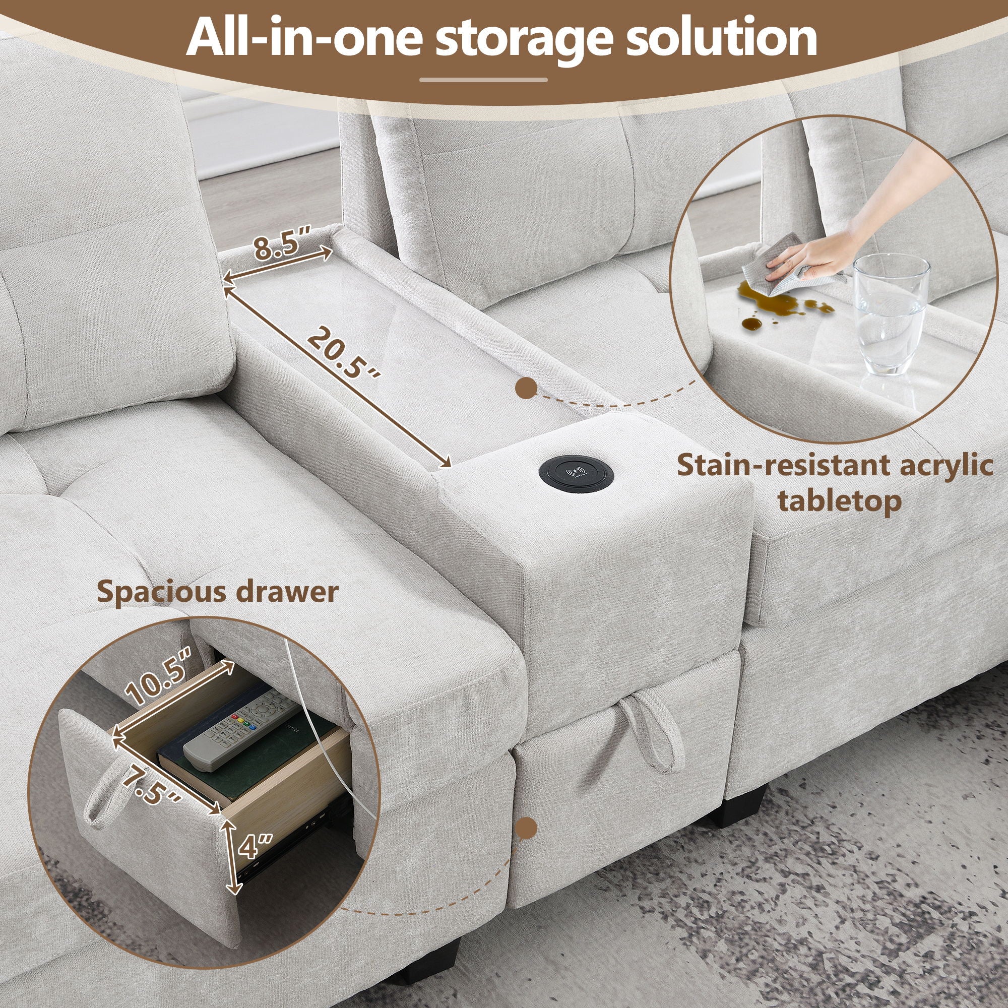 Sectional With Acrylic Table Top U Shaped Couch Set With 2 Consoles USB Charger, Storage Drawers And Pockets Movable Ottoman Tufted Sofa