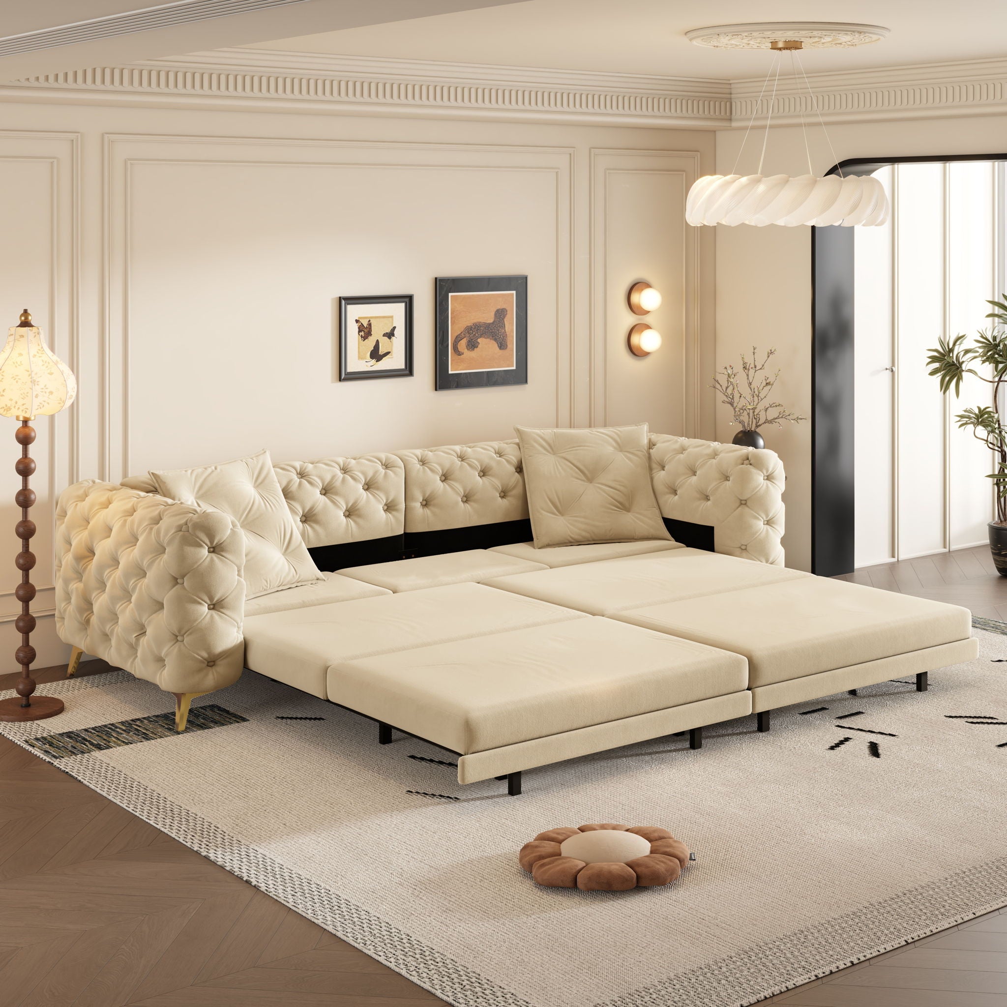 3 In 1 Convertible Sleeper Sofa, Pull Out Bed, Button Tufted, 4 Seater Couch With Movable Ottoman For Apartment - Apricot