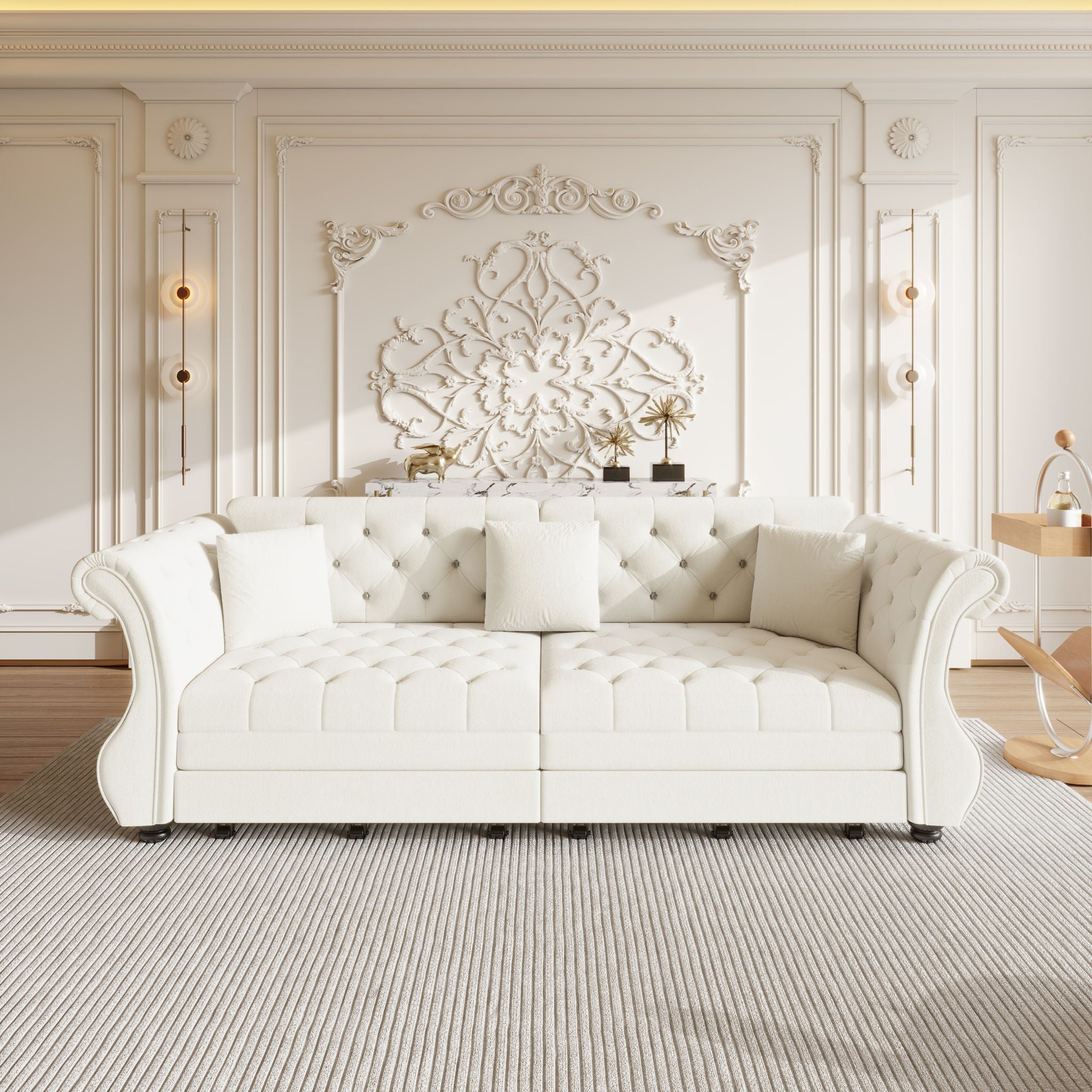 Oversized Chesterfield Pull Out Sofa Bed, Roll Arm Couch With Flower Tufting For Living Room