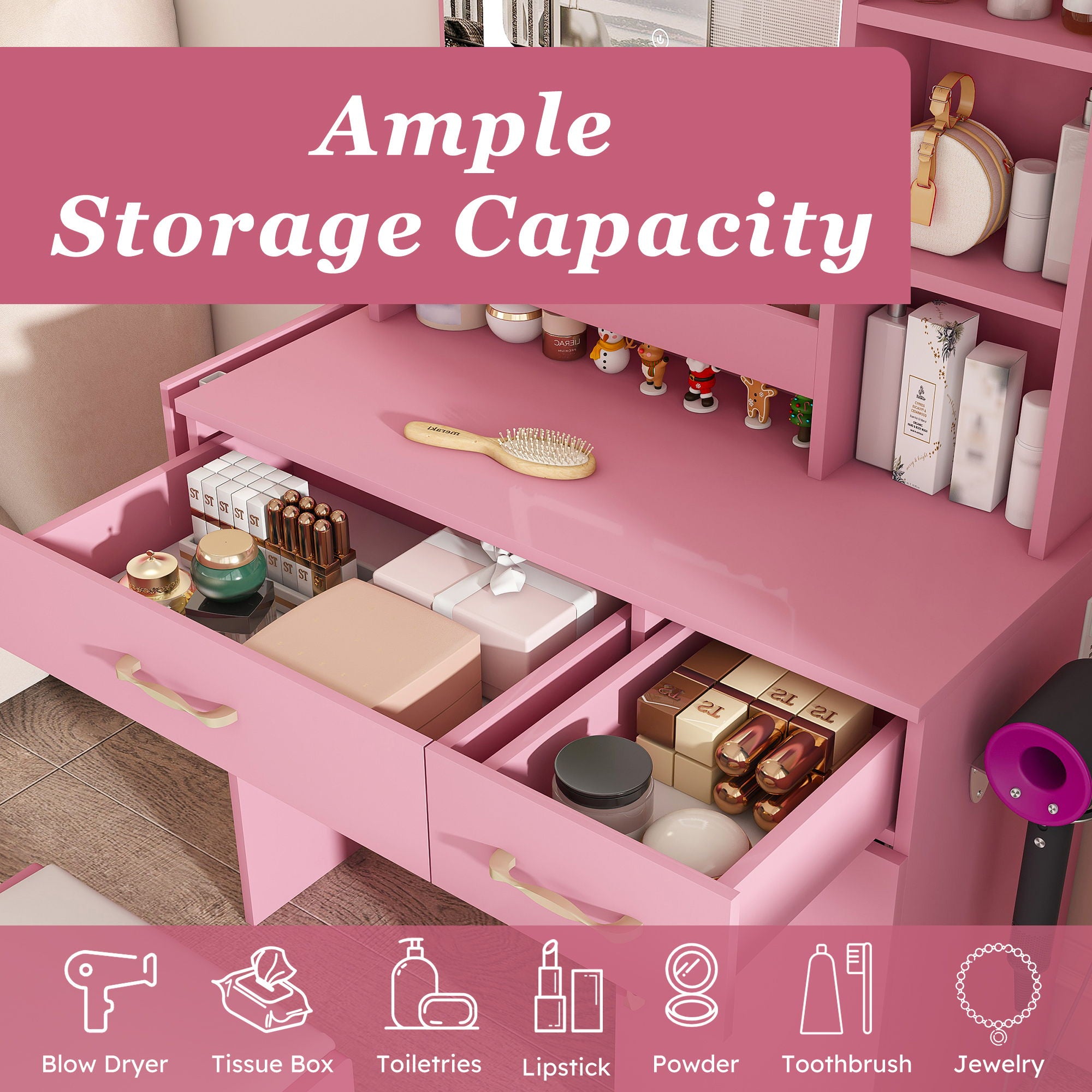 Vanity Desk With LED Mirror Lights And Power Outlet Charging Station, 3 Drawers, 7 Shelves, Storage Stool - Pink