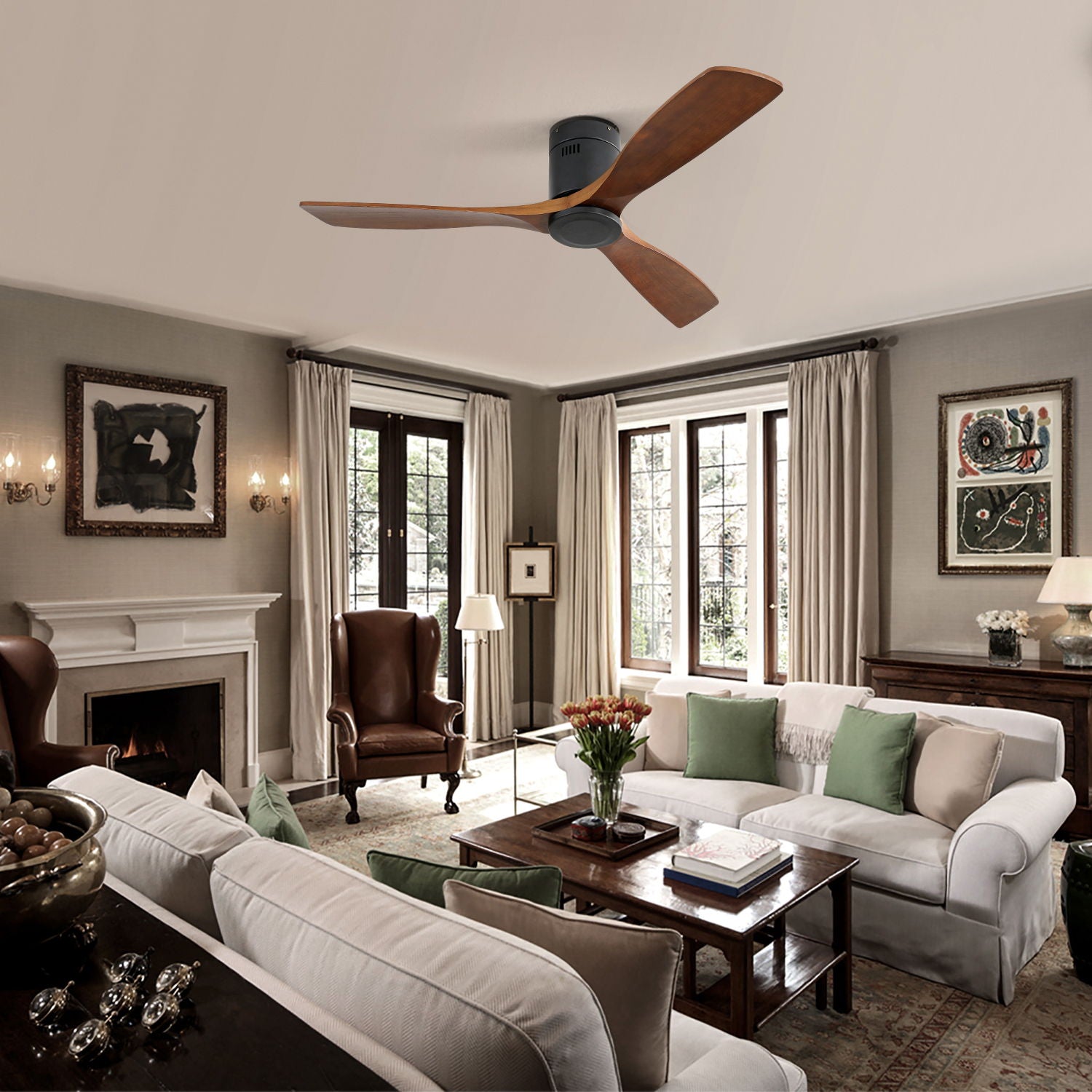 Low Profile Ceiling Fan DC, 3 Blade, Noiseless Reversible Motor, Remote Control