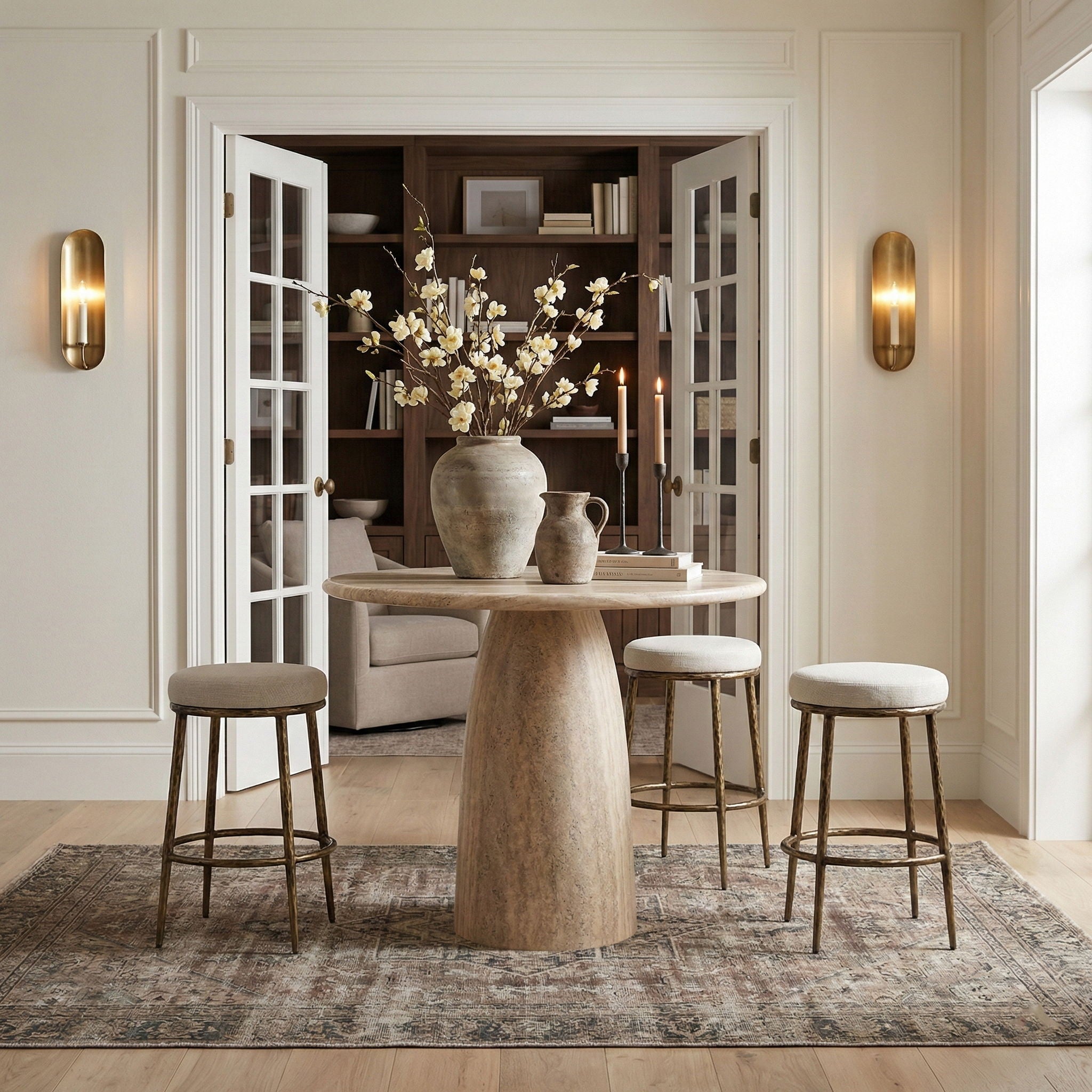 Ferro - Performance Fabric Upholstered Backless Bar Stool - Cream / Antique Brass