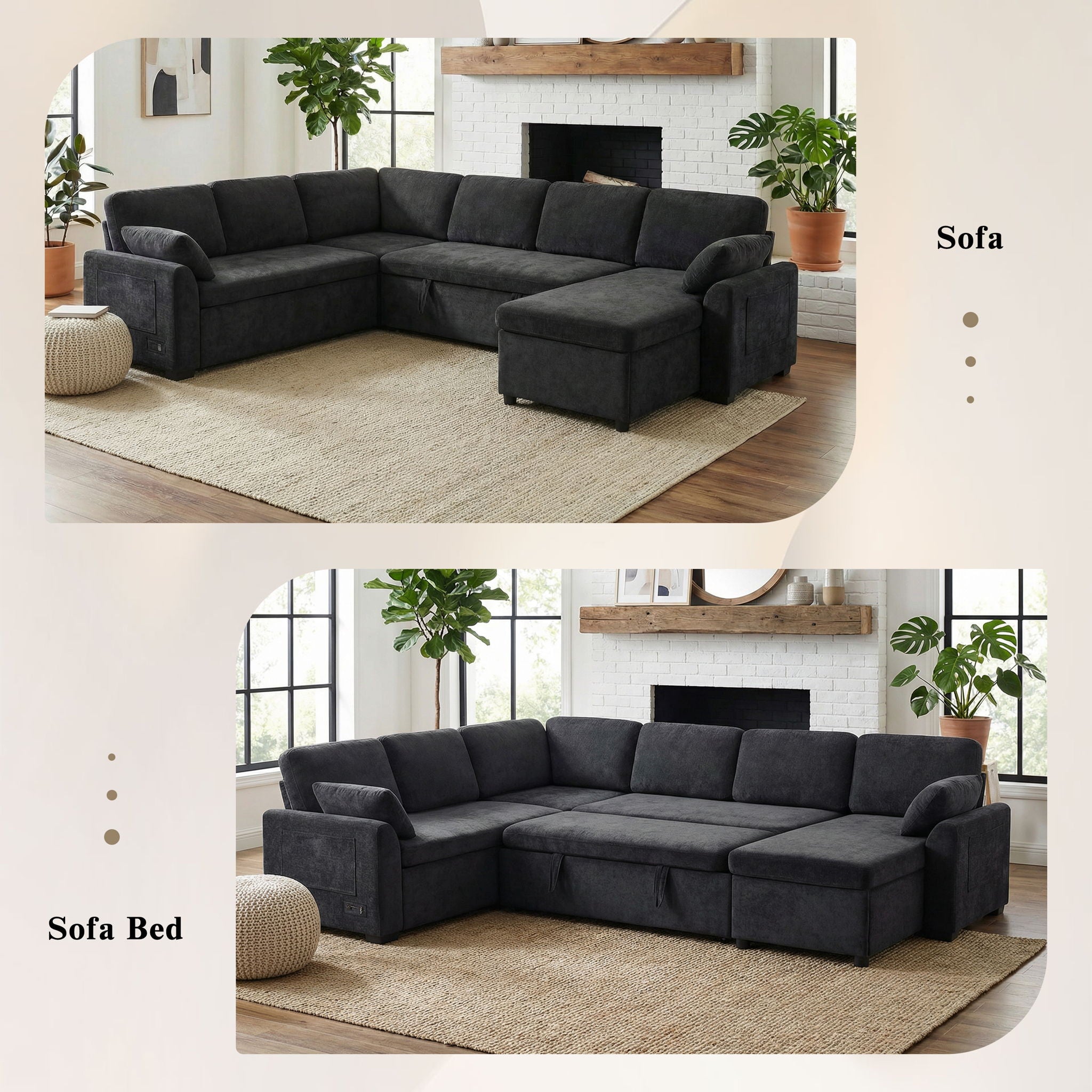 Convertible U-Shaped Sectional Sofa Bed With Reversible Chaise