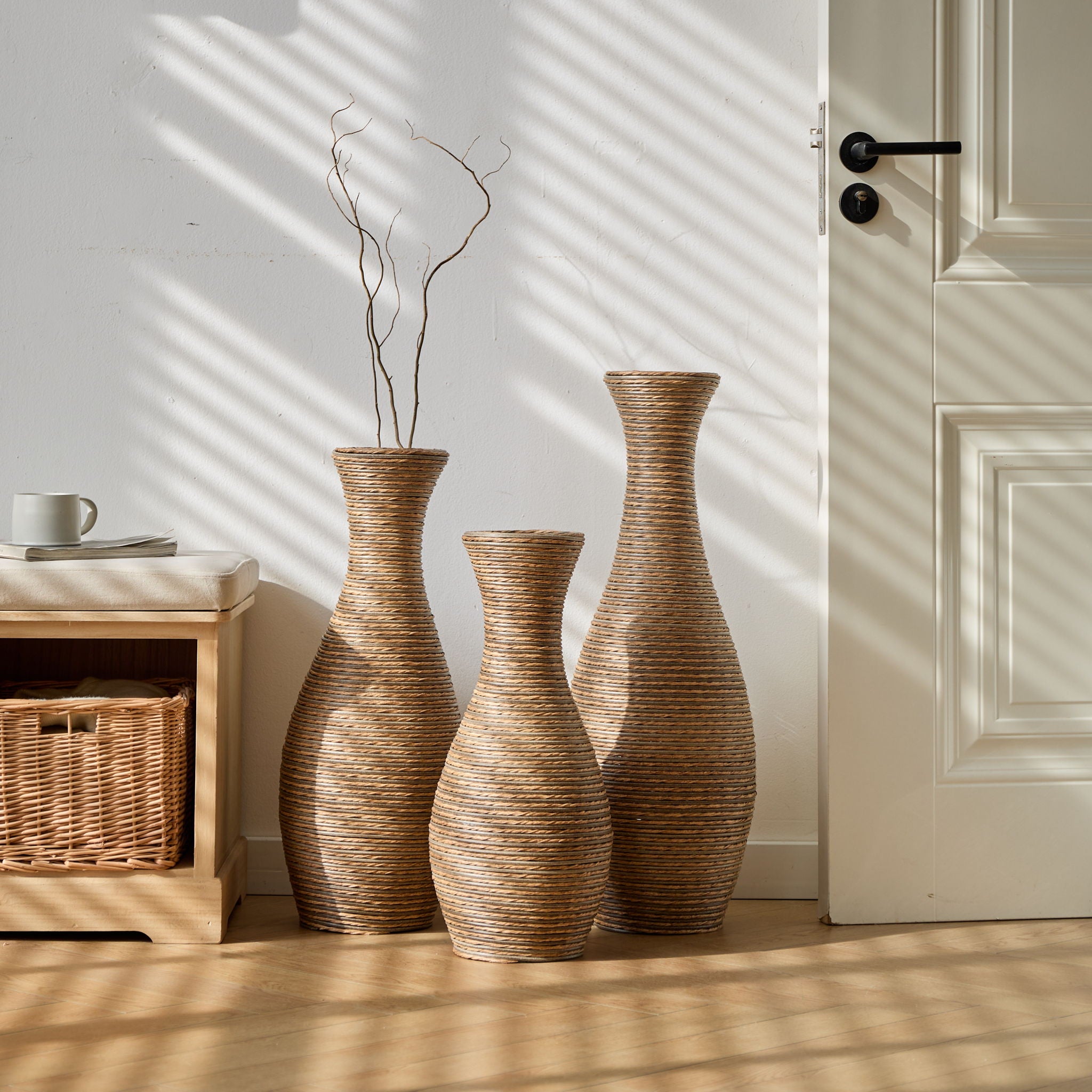 3 Piece Artificial Rattan Floor Vase Set Decorative Accent For Living Room, Hallway & Entryway, Ideal For Dried Or Silk Flower Arrangements - Beige