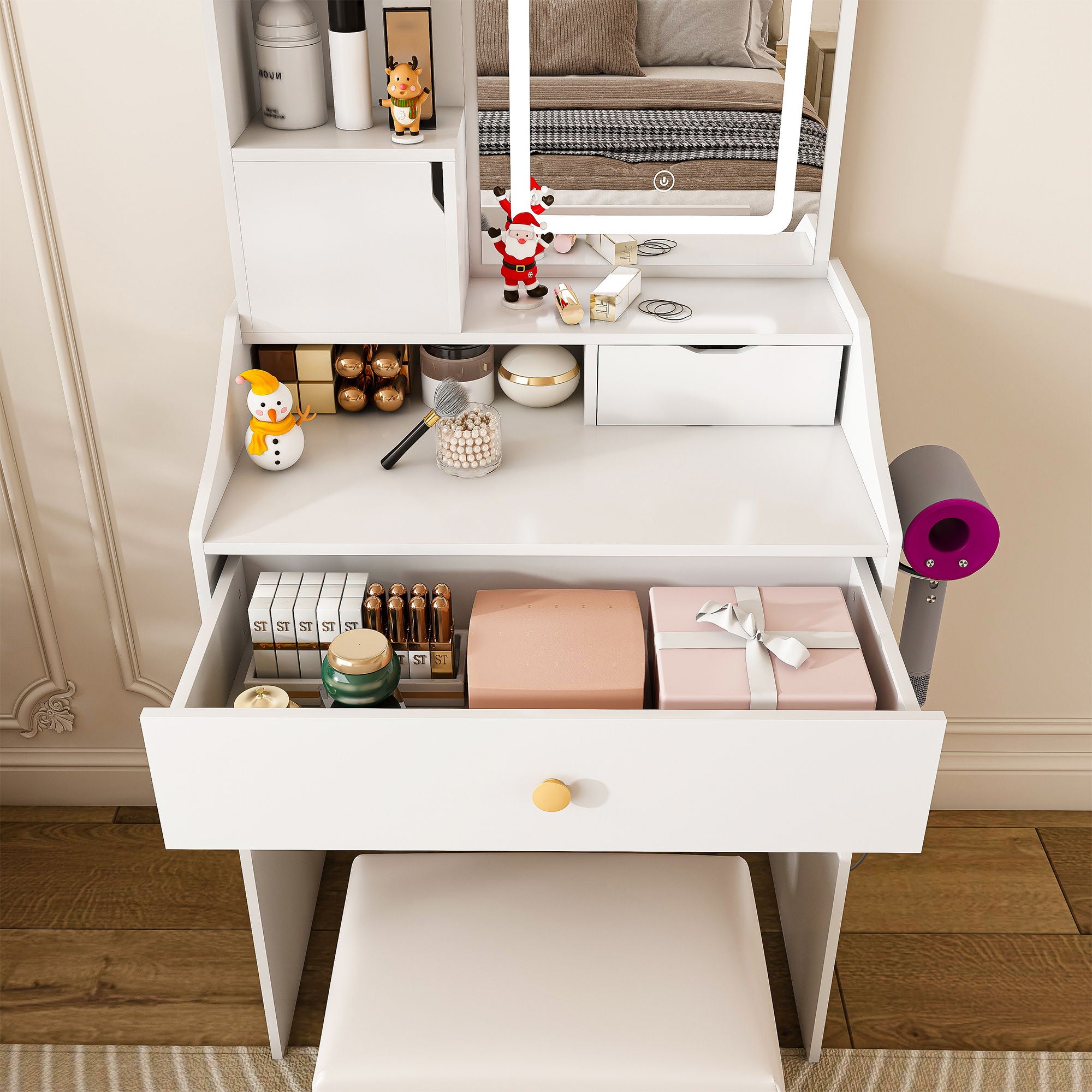 LED Vanity Mirror With Stool, 2 Drawers & 5 Storage Cabinets, Adjustable Lighting Mdf Dressing Table For Bedroom - White