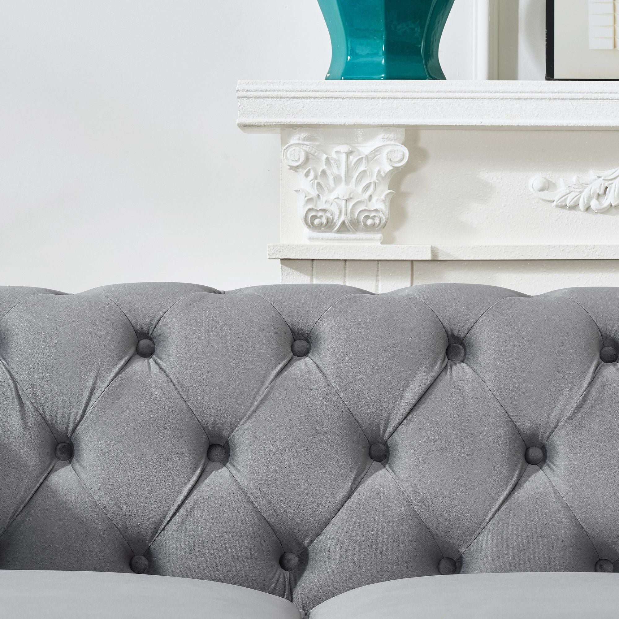 Chesterfield Upholstery Fabric Sofa With Roll Armrest & Nailhead