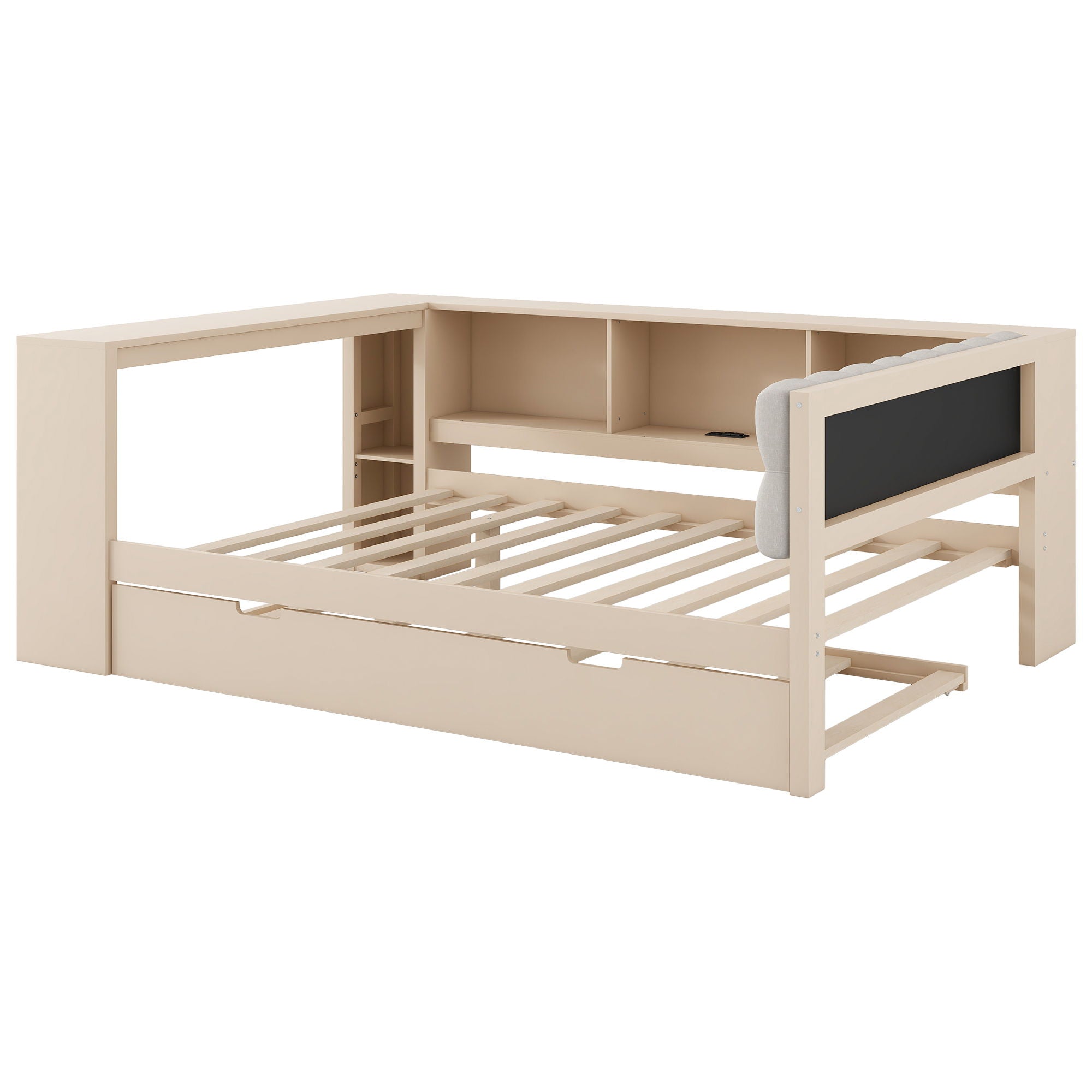 Upholstered Headboard Platform Bed With Storage Shelves, Trundle, Charging Station