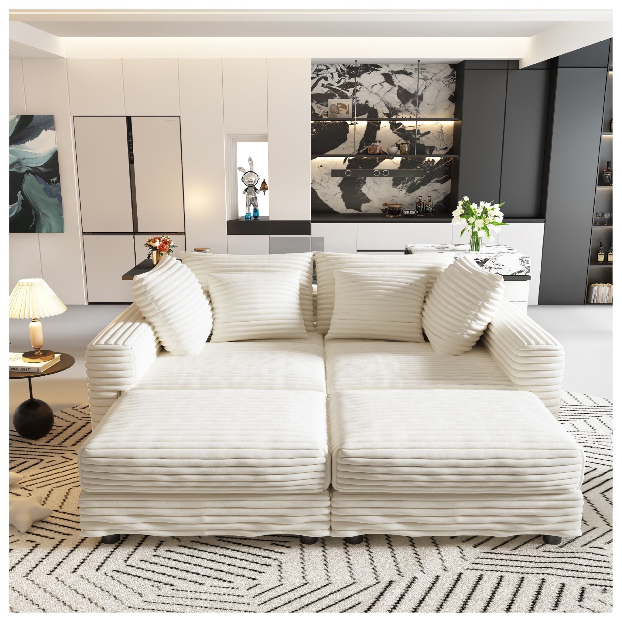 Deep Seat Convertible Sofa With Soft Pillows And Ottomans