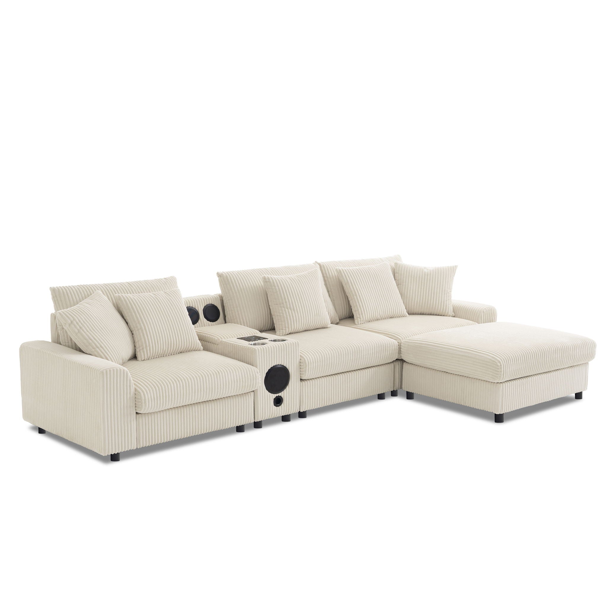 Sectional With tooth Speakers L Shaped Couch With Console USB Charger, Cup Holders Storage Ottoman Deep And Wide Seat Cloud Sofa
