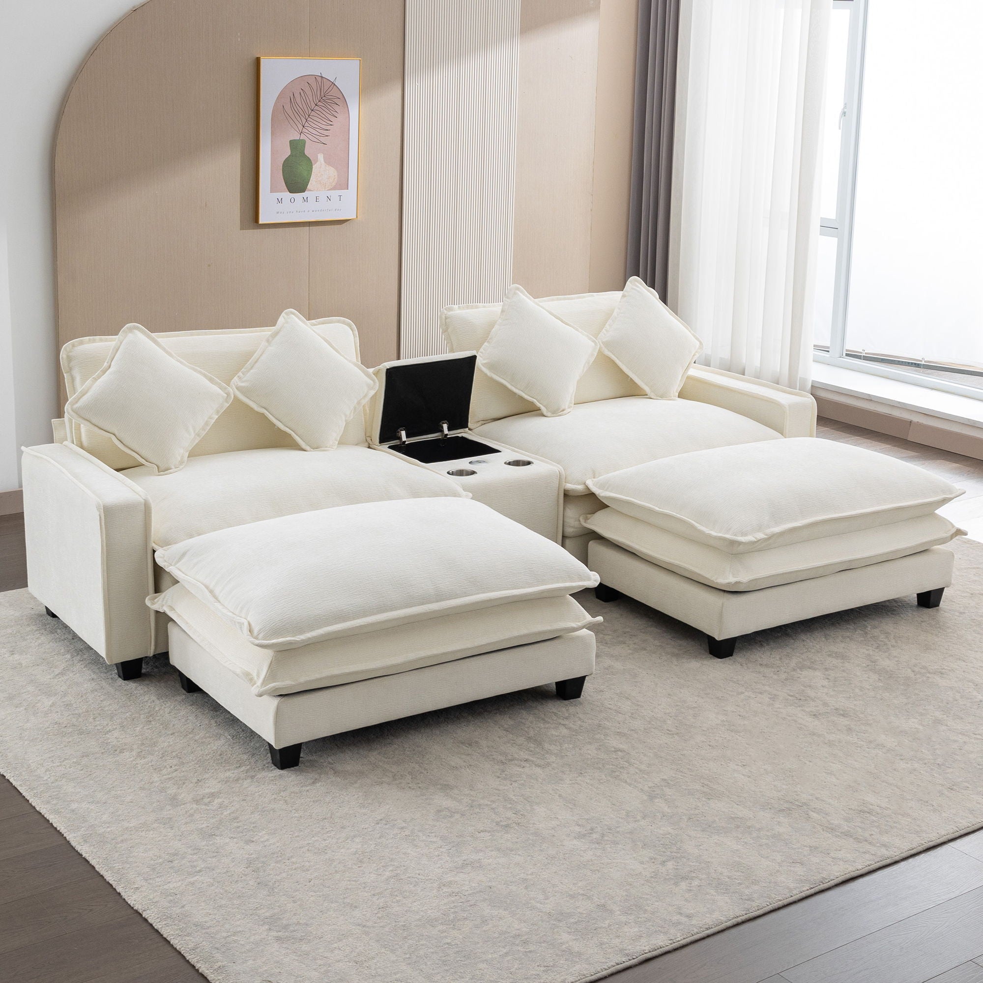 Sectional Sofa Upholstered Sofa With Two Removable Ottoman, Two USB Ports, Two Cup Holders And Large Storage Box For Living Room