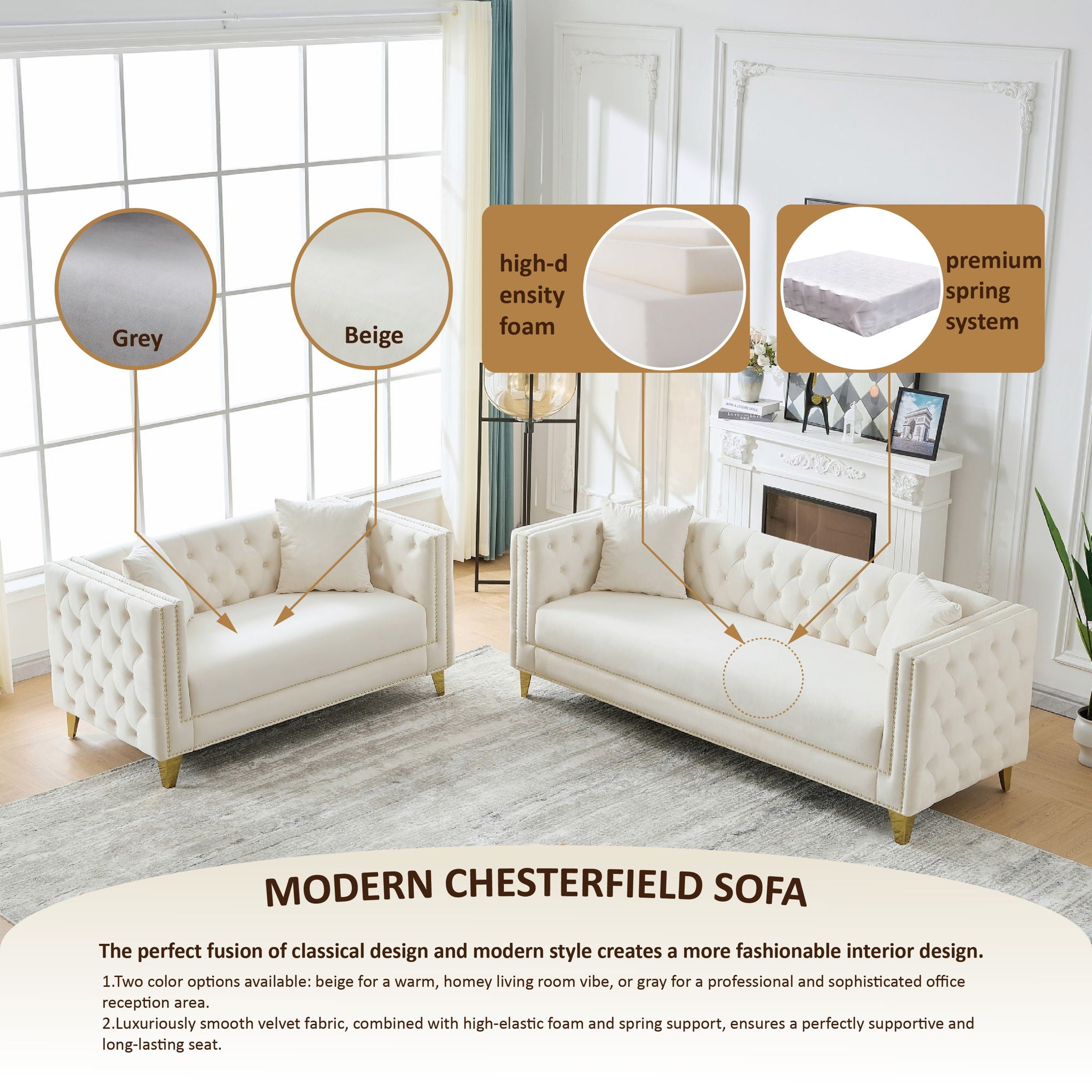 3 Seater Deep Seat Sofa, Sofa With Button Nailhead, Square Arm